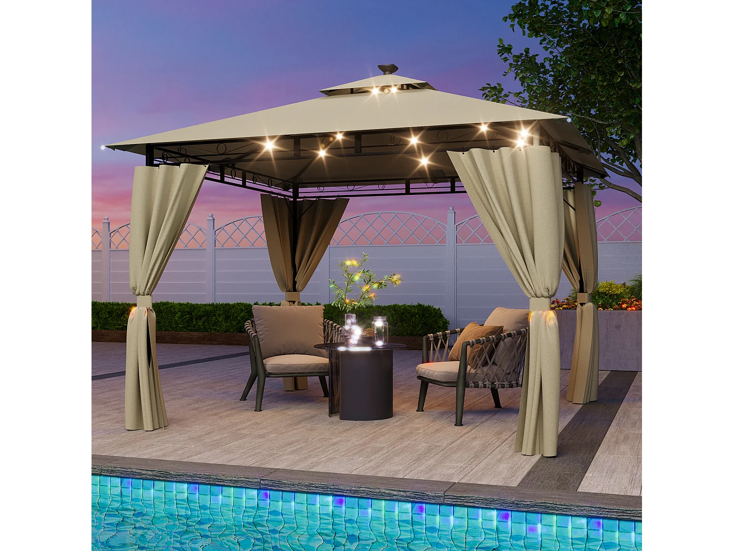 Tonnelle de Jardin 3x3 avec Éclairage, Imperméable Deluxe Tonnelle, Résistant à l'Hiver, Pergola Jardins Exterieur pour 4-6 Personnes, Beige