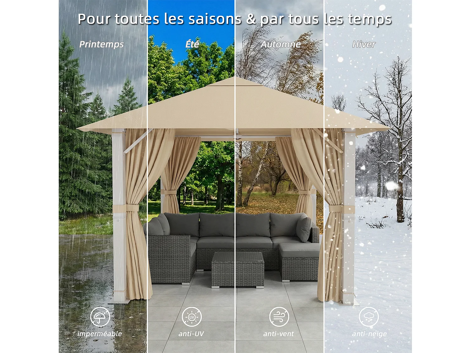 Tonnelle de Jardin en Aluminium 3x3m | 8 Poteaux de Toit + Entretoises Triangulaires (Stabilité +50%) | Imperméable, Résistante au Froid & Anti-UV 50+,Beige
