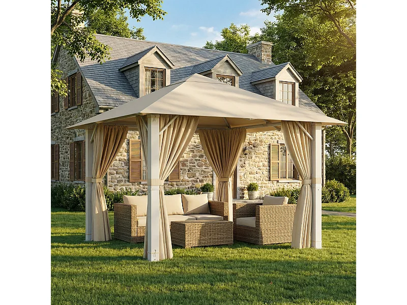 Tonnelle de Jardin en Aluminium 3x3m | 8 Poteaux de Toit + Entretoises Triangulaires (Stabilité +50%) | Imperméable, Résistante au Froid & Anti-UV 50+,Beige