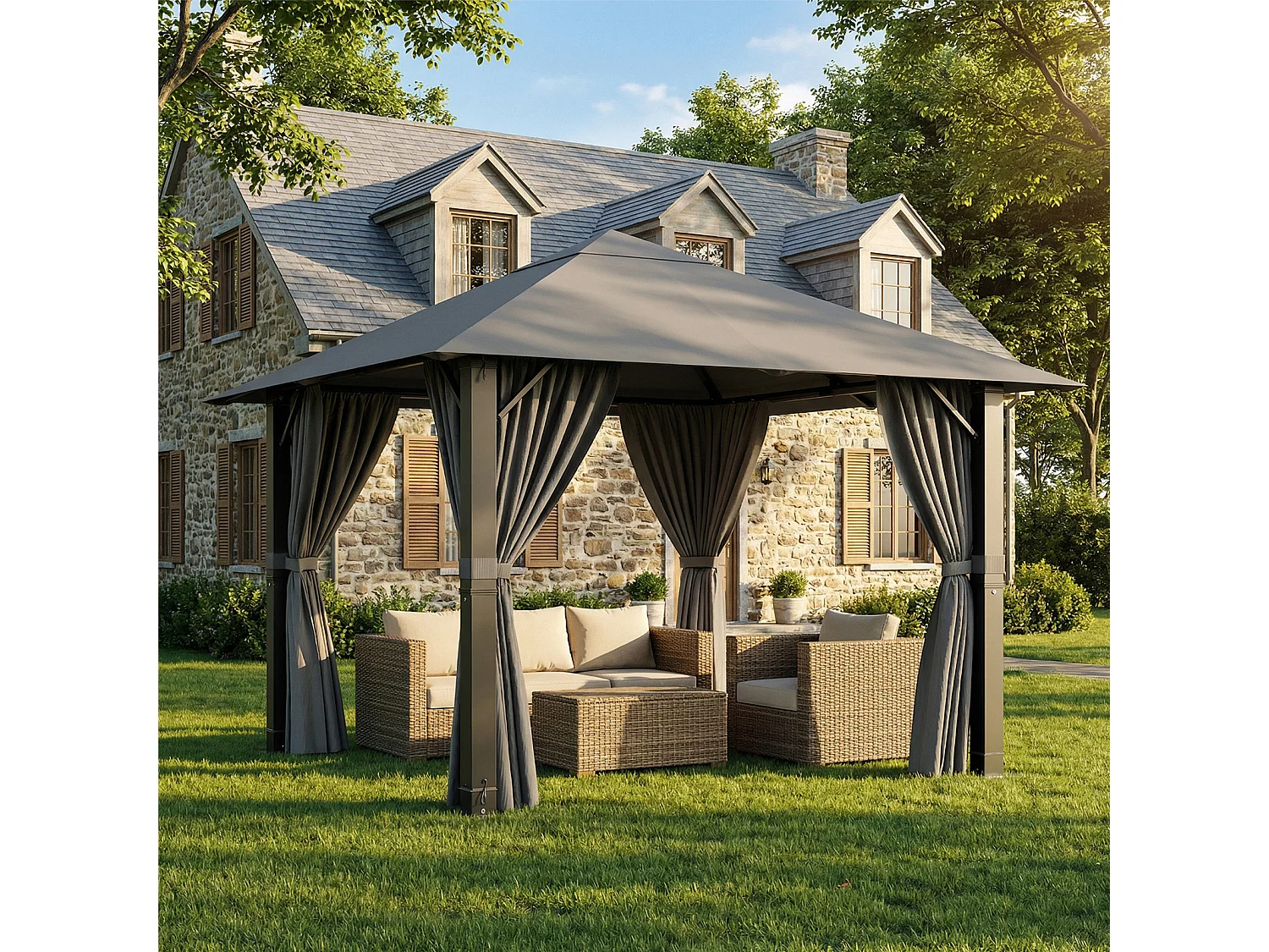 Tonnelle de Jardin en Aluminium 3x3m | 8 Poteaux de Toit + Entretoises Triangulaires (Stabilité +50%) | Imperméable, Résistante au Froid & Anti-UV 50+, Gris