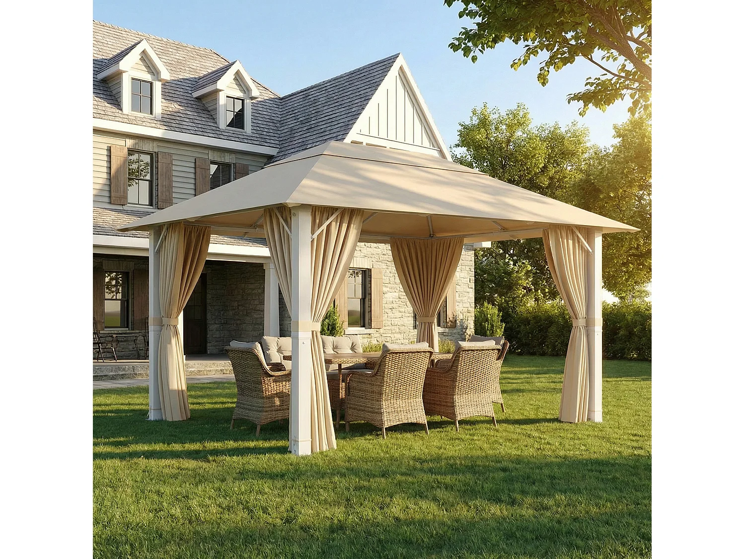 Tonnelle de Jardin en Aluminium 3x4m | 10 Poteaux de Toit + Entretoises Triangulaires (Stabilité +50%) | Imperméable, Résistante au Froid & Anti-UV 50+,Beige