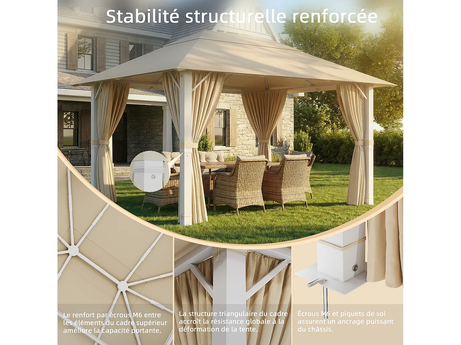 Tonnelle de Jardin en Aluminium 3x4m | 10 Poteaux de Toit + Entretoises Triangulaires (Stabilité +50%) | Imperméable, Résistante au Froid & Anti-UV 50+,Beige