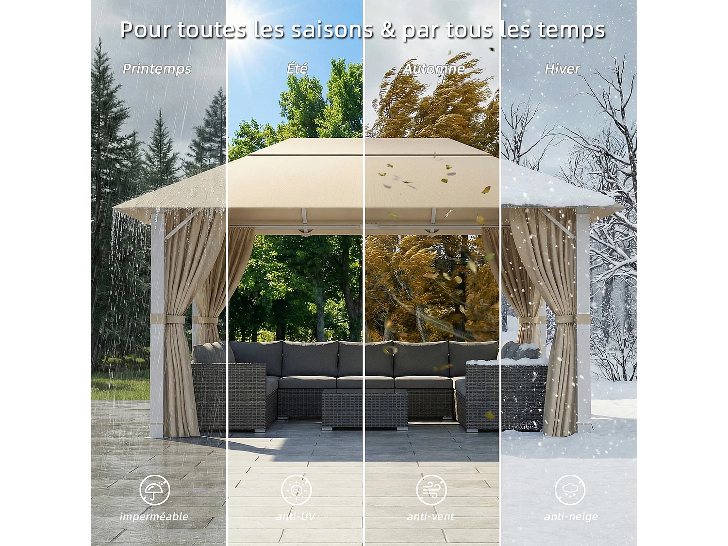 Tonnelle de Jardin en Aluminium 3x4m | 10 Poteaux de Toit + Entretoises Triangulaires (Stabilité +50%) | Imperméable, Résistante au Froid & Anti-UV 50+,Beige