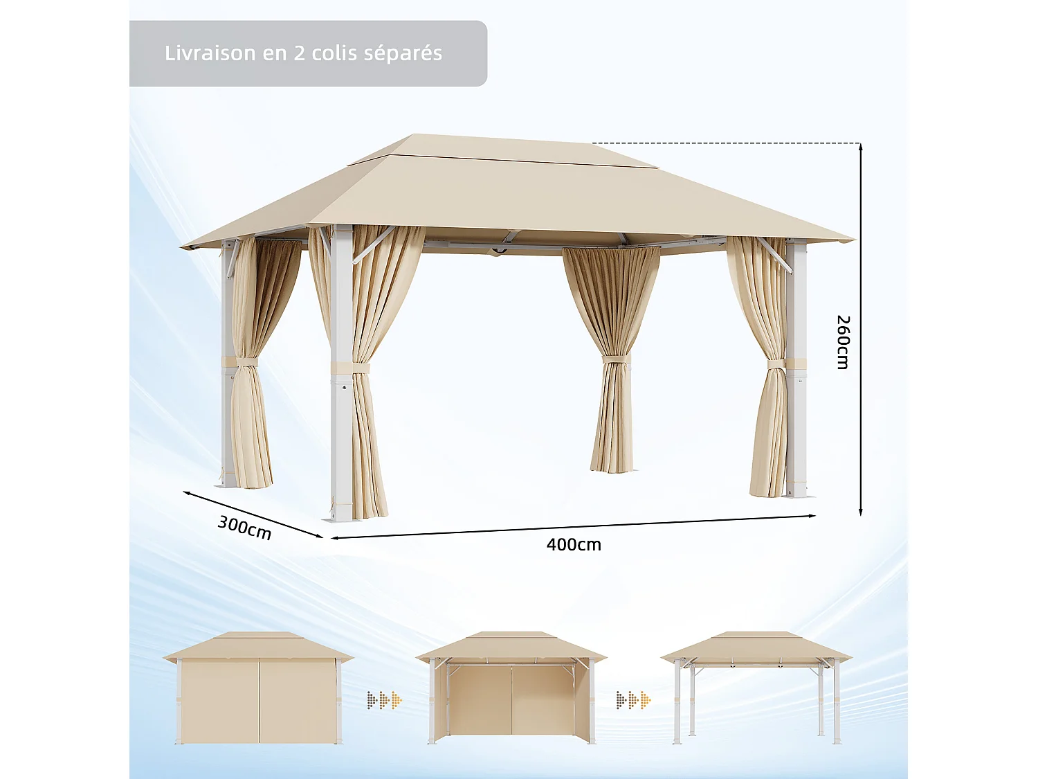 Tonnelle de Jardin en Aluminium 3x4m | 10 Poteaux de Toit + Entretoises Triangulaires (Stabilité +50%) | Imperméable, Résistante au Froid & Anti-UV 50+,Beige