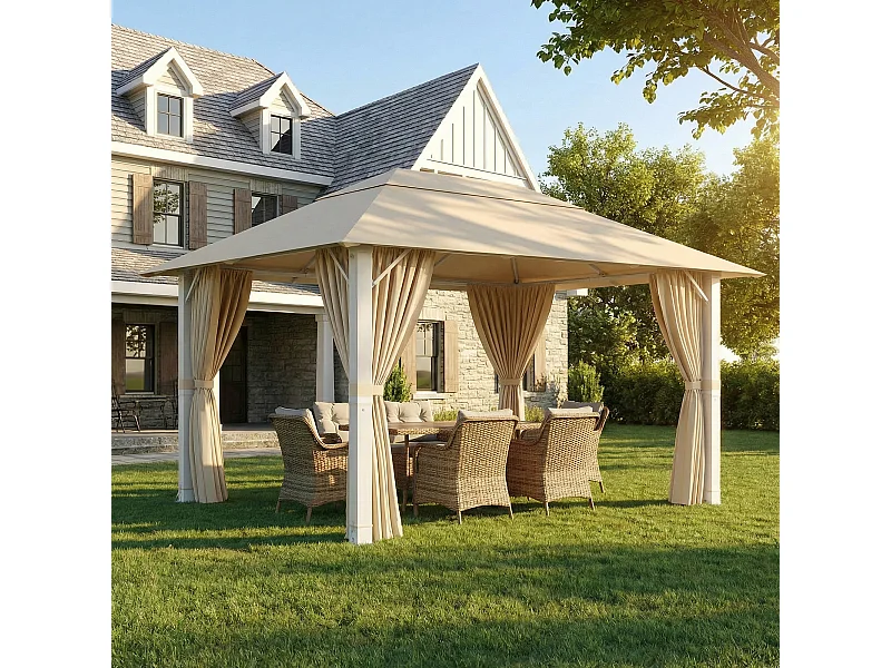 Tonnelle de Jardin en Aluminium 3x4m | 10 Poteaux de Toit + Entretoises Triangulaires (Stabilité +50%) | Imperméable, Résistante au Froid & Anti-UV 50+,Beige