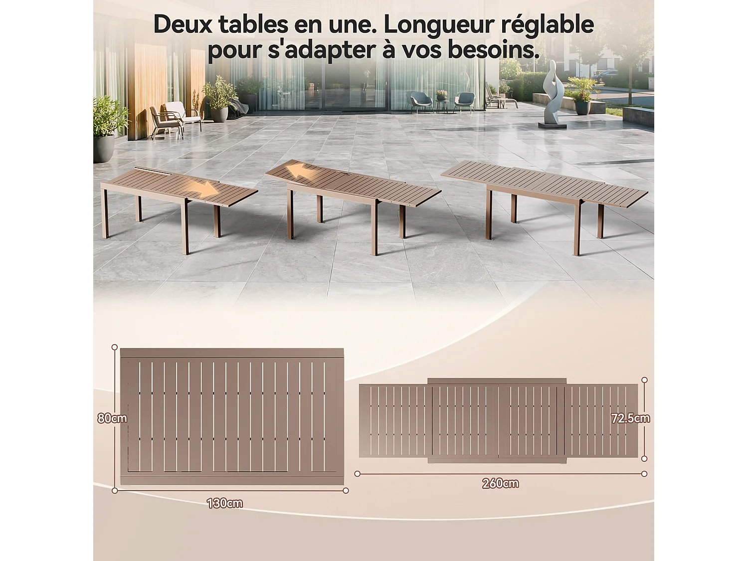 Table de Jardin Extensible en Aluminium | 200kg Fermé / 150kg Ouvert | 6-10 Personnes, Stable & Résistante, Marron