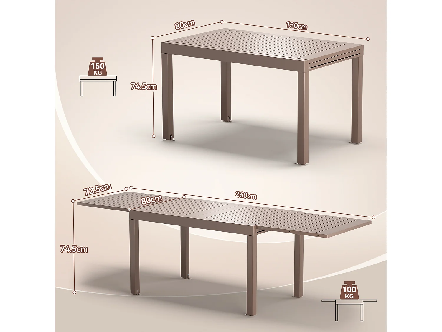 Table de Jardin Extensible en Aluminium | 200kg Fermé / 150kg Ouvert | 6-10 Personnes, Stable & Résistante, Marron