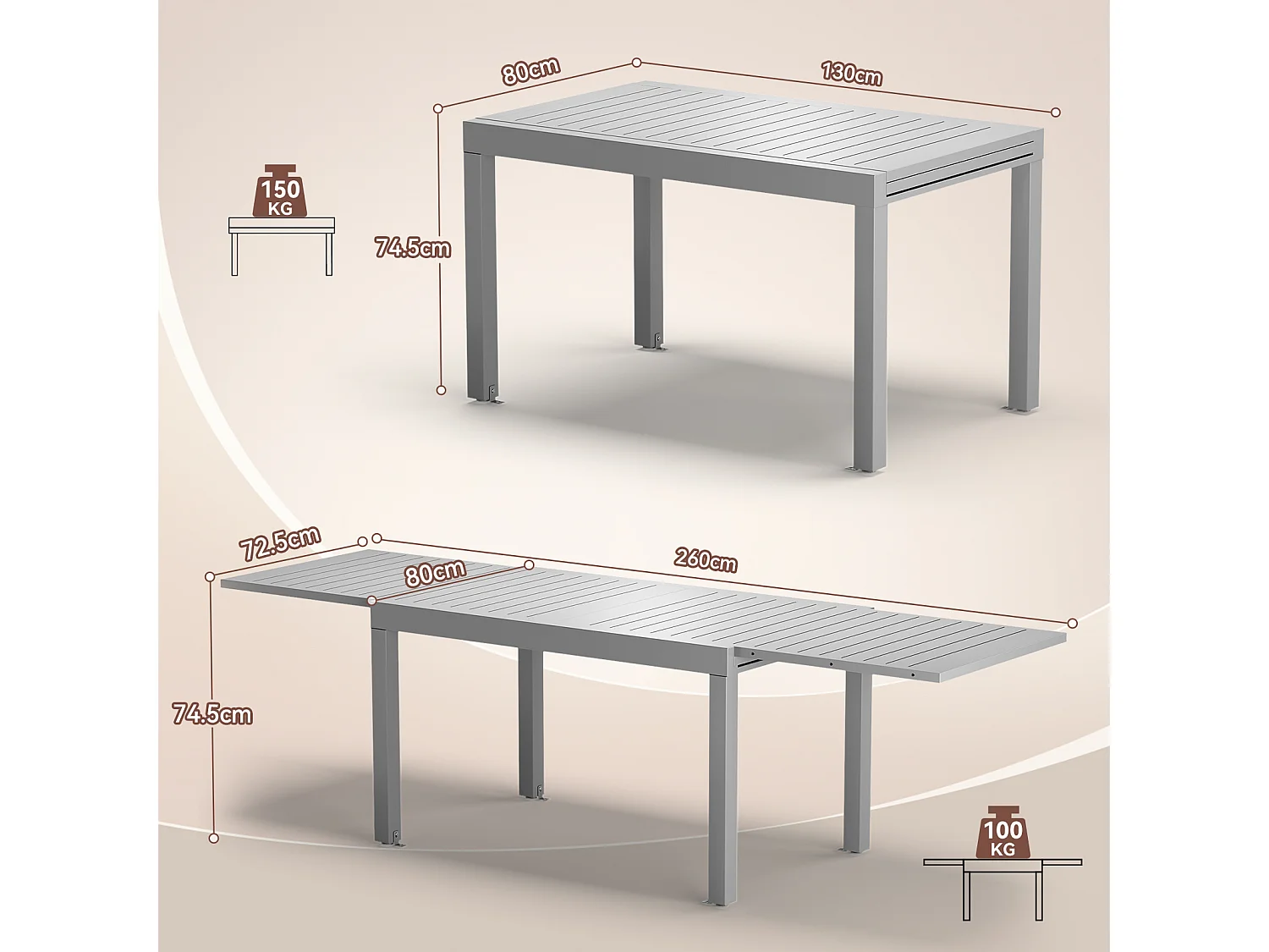 Table de Jardin Extensible en Aluminium | 200kg Fermé / 150kg Ouvert | 6-10 Personnes, Stable & Résistante, Gris clair