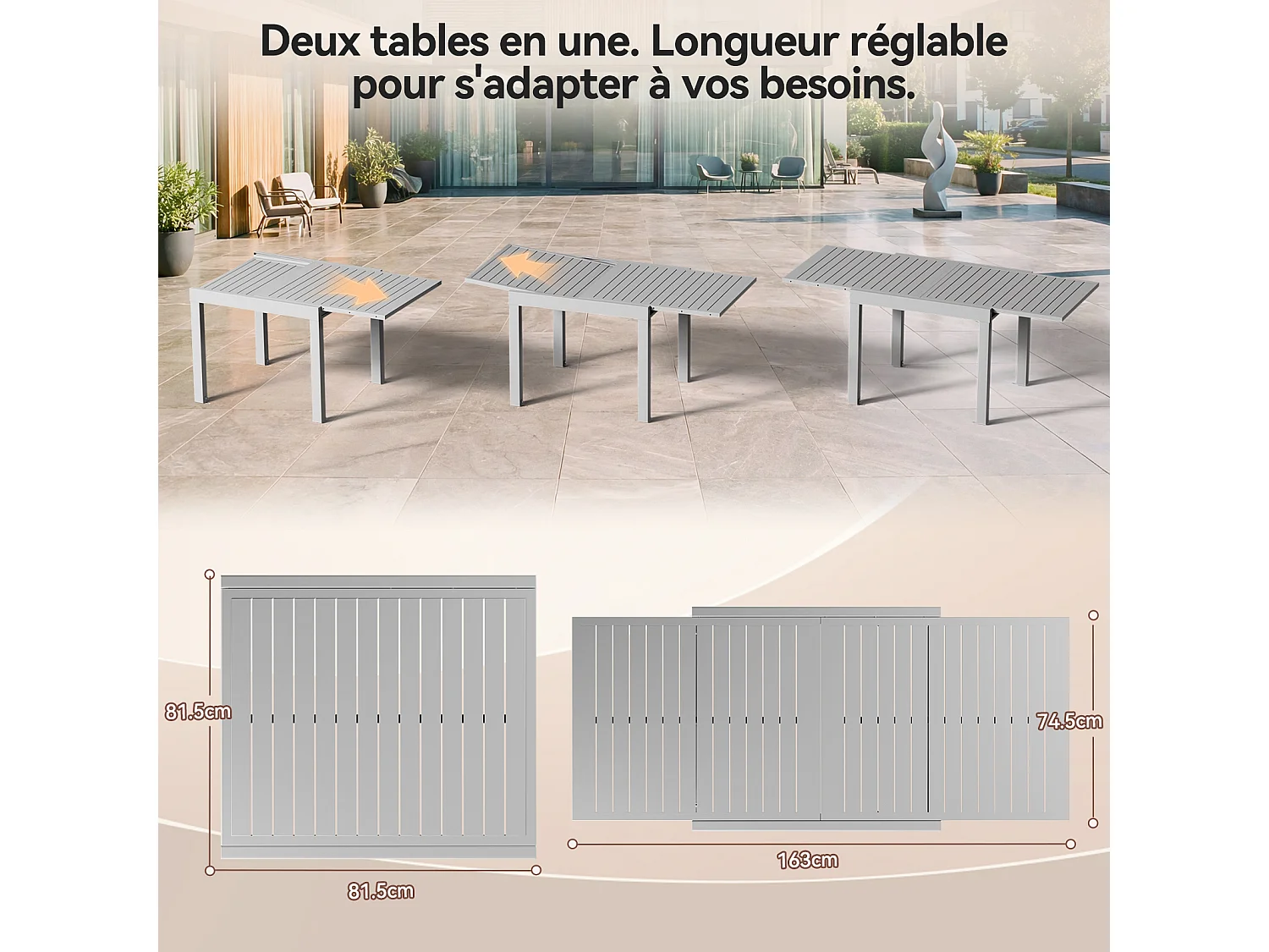Table de Jardin Extensible en Aluminium | 200kg Fermé / 150kg Ouvert | 4-8 Personnes, Stable & Résistante, Gris clair