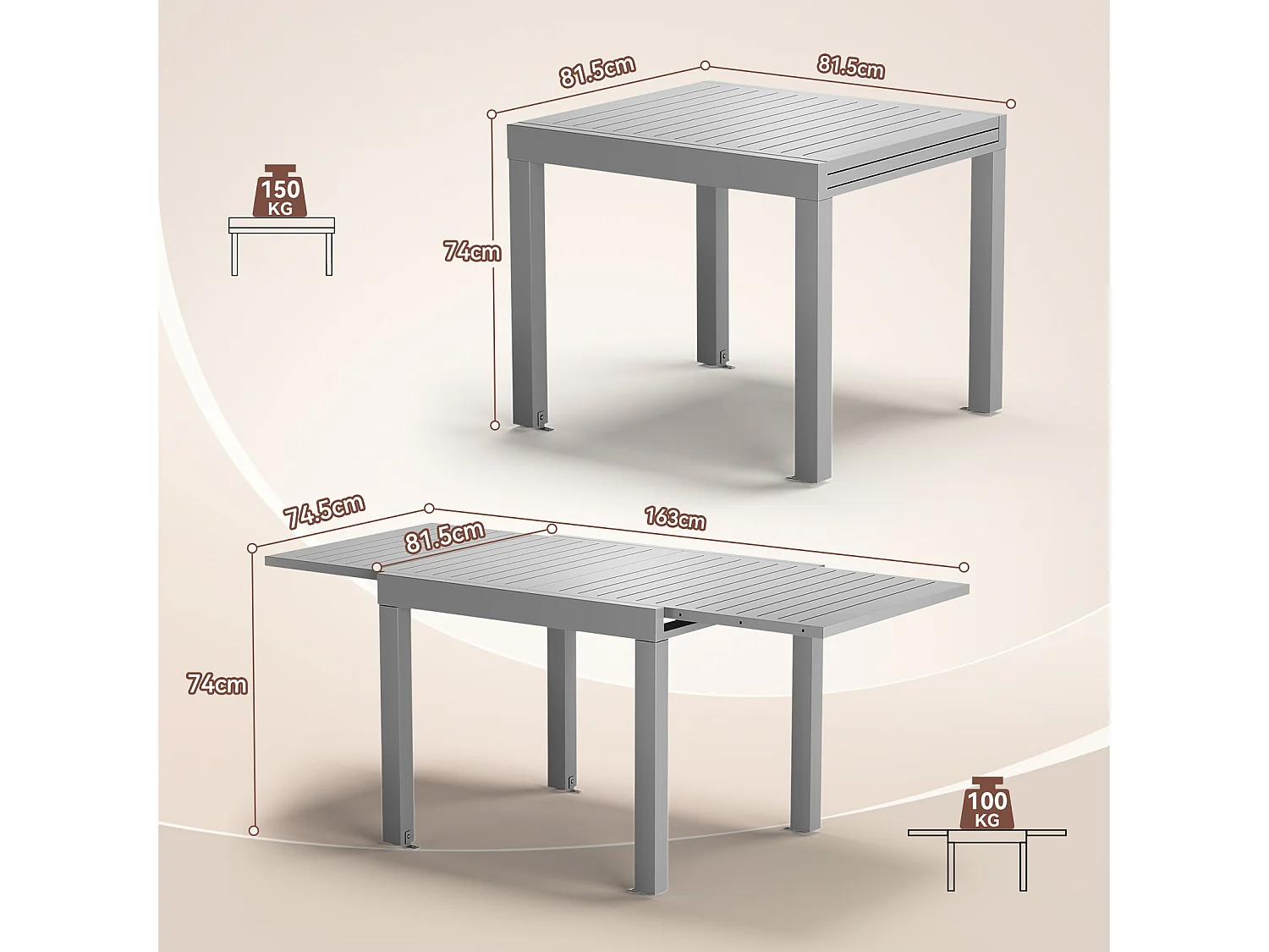Table de Jardin Extensible en Aluminium | 200kg Fermé / 150kg Ouvert | 4-8 Personnes, Stable & Résistante, Gris clair