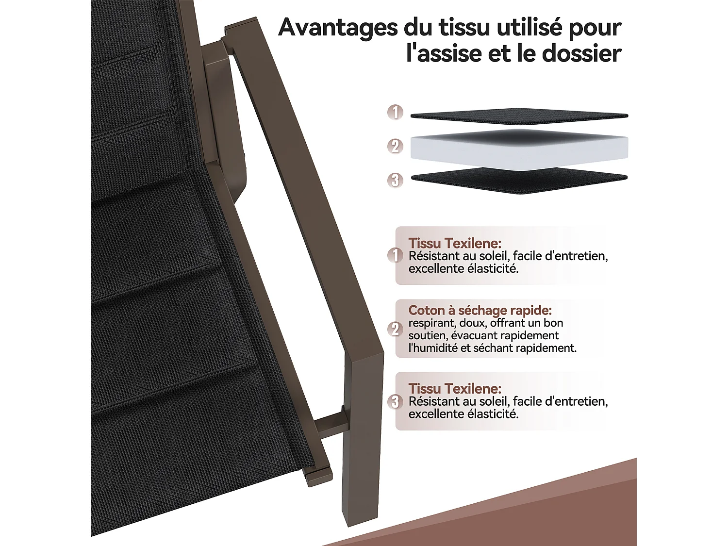 Chaises de Jardin - Lot de 2 Chaises | Structure en Aluminium avec Tissu Tessilium Confortable, Haute Résistance aux UV et aux Intempéries, Marron