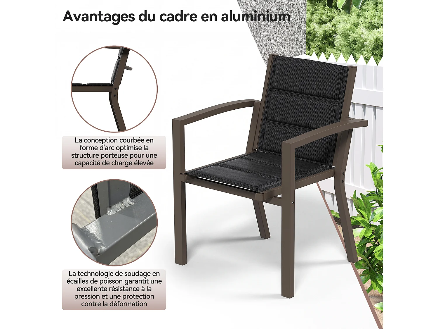 Chaises de Jardin - Lot de 2 Chaises | Structure en Aluminium avec Tissu Tessilium Confortable, Haute Résistance aux UV et aux Intempéries, Marron