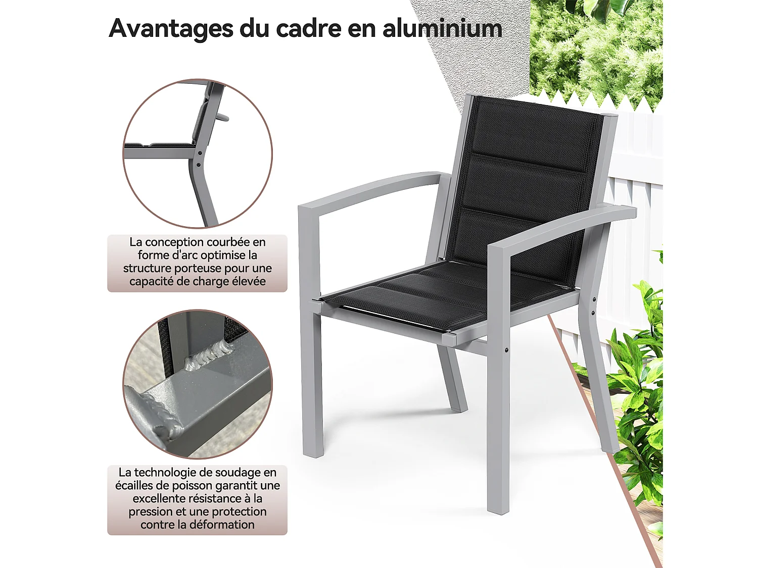Chaises de Jardin - Lot de 2 Chaises | Structure en Aluminium avec Tissu Tessilium Confortable, Haute Résistance aux UV et aux Intempéries, Gris clair