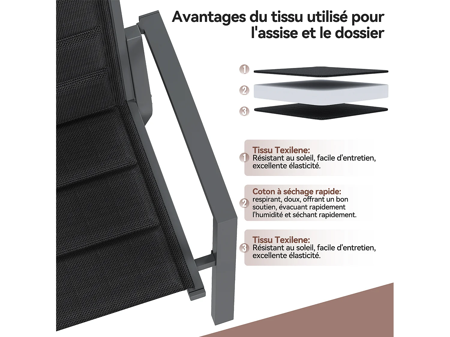 Chaises de Jardin - Lot de 2 Chaises | Structure en Aluminium avec Tissu Tessilium Confortable, Haute Résistance aux UV et aux Intempéries, Gris foncé