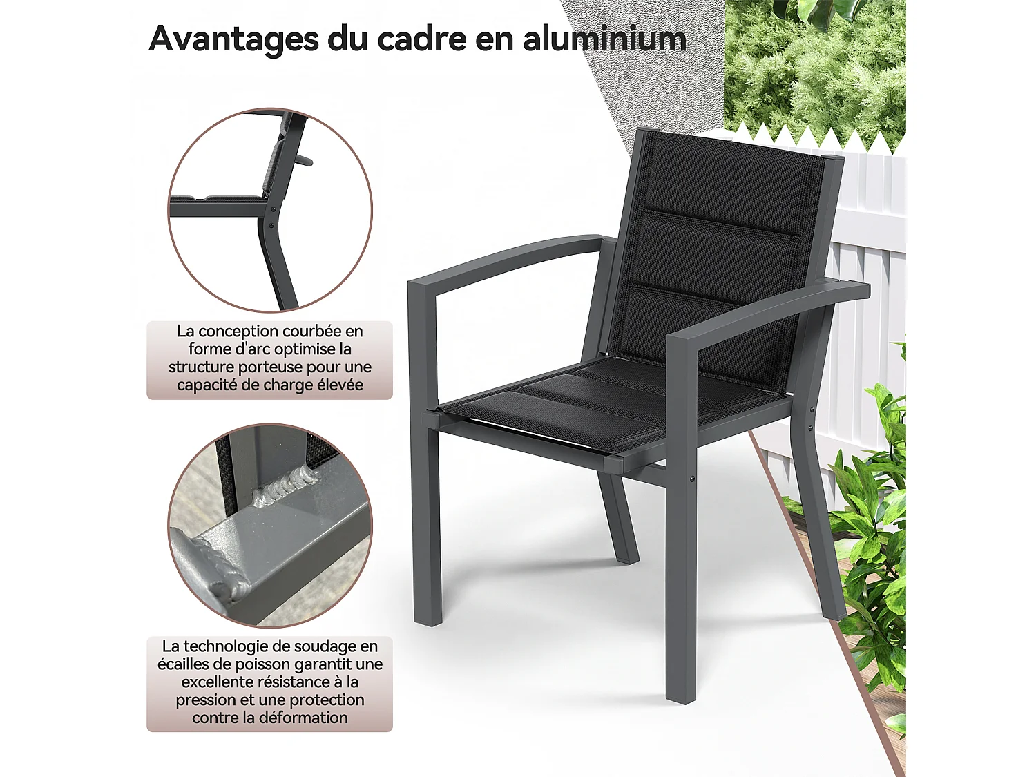 Chaises de Jardin - Lot de 2 Chaises | Structure en Aluminium avec Tissu Tessilium Confortable, Haute Résistance aux UV et aux Intempéries, Gris foncé