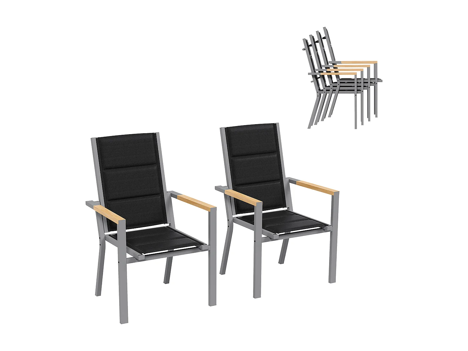 Chaises de Jardin - Lot de 2 Empilables en Aluminium, Dossier Haut avec Accoudoirs Imitation Bois, Tissu Tessilium Confortable, Gris clair