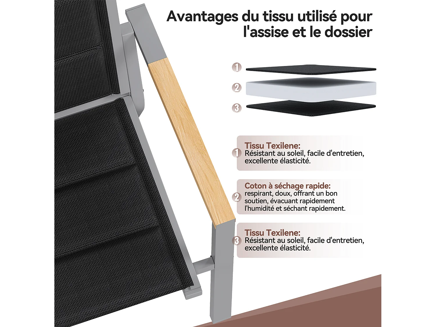 Chaises de Jardin - Lot de 2 Empilables en Aluminium, Dossier Haut avec Accoudoirs Imitation Bois, Tissu Tessilium Confortable, Gris clair