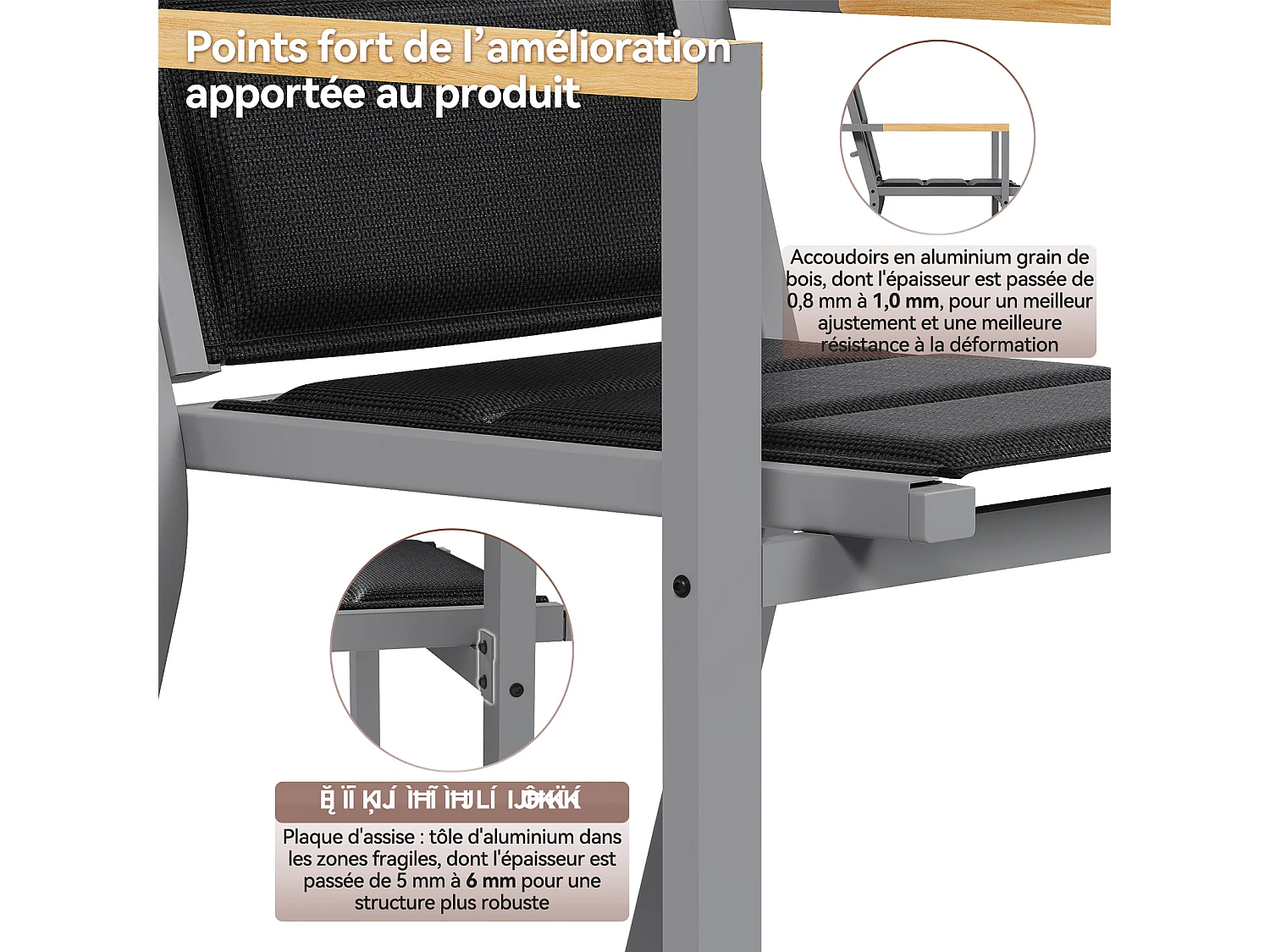 Chaises de Jardin - Lot de 2 Empilables en Aluminium, Dossier Haut avec Accoudoirs Imitation Bois, Tissu Tessilium Confortable, Gris clair