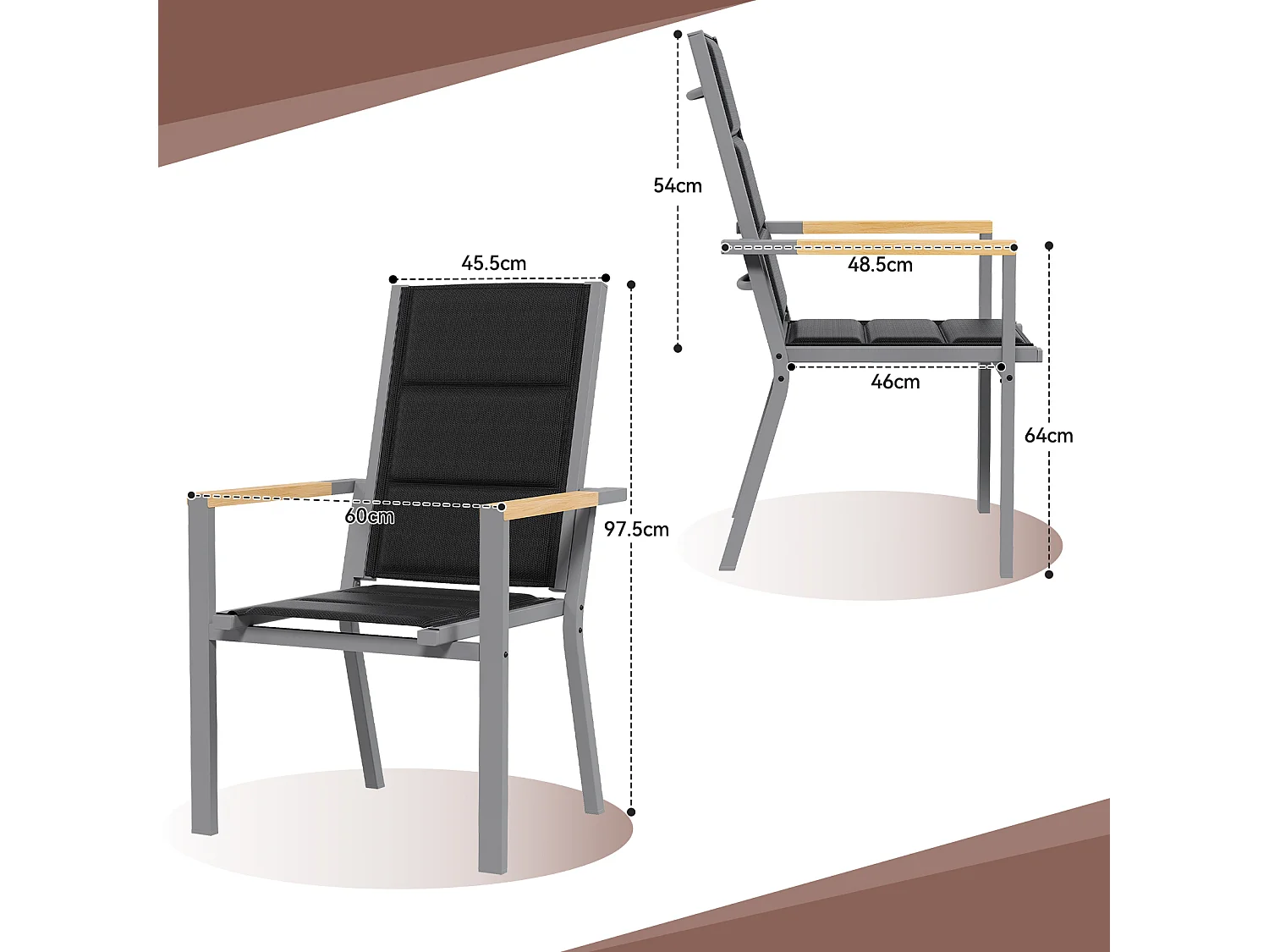 Chaises de Jardin - Lot de 2 Empilables en Aluminium, Dossier Haut avec Accoudoirs Imitation Bois, Tissu Tessilium Confortable, Gris clair