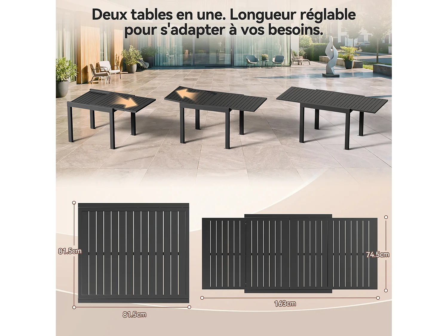 Table de Jardin Extensible en Aluminium | 200kg Fermé / 150kg Ouvert | 4-8 Personnes, Stable & Résistante, Gris foncé