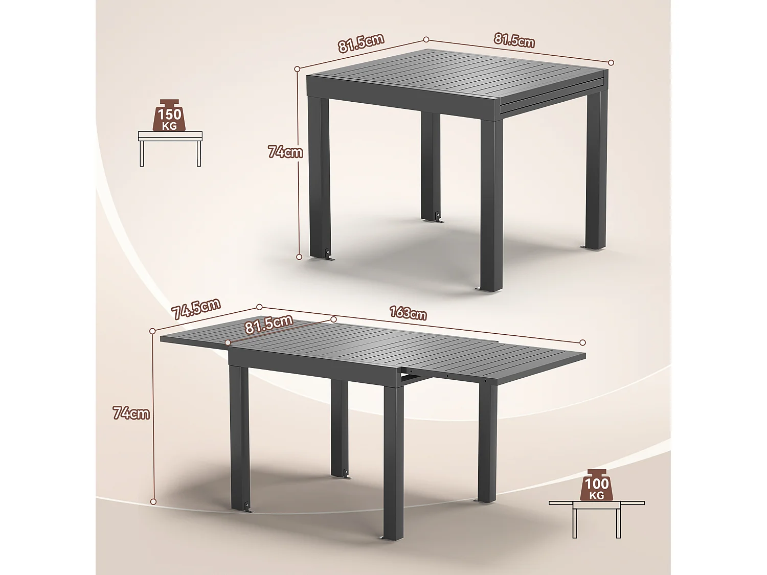 Table de Jardin Extensible en Aluminium | 200kg Fermé / 150kg Ouvert | 4-8 Personnes, Stable & Résistante, Gris foncé