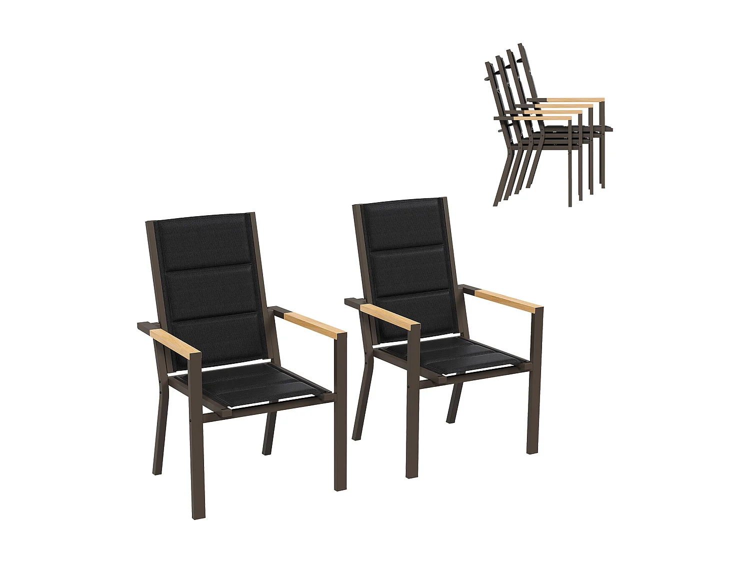 Chaises de Jardin - Lot de 2 Empilables en Aluminium, Dossier Haut avec Accoudoirs Imitation Bois, Tissu Tessilium Confortable, Marron