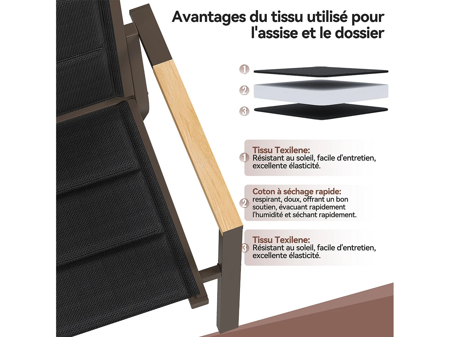 Chaises de Jardin - Lot de 2 Empilables en Aluminium, Dossier Haut avec Accoudoirs Imitation Bois, Tissu Tessilium Confortable, Marron