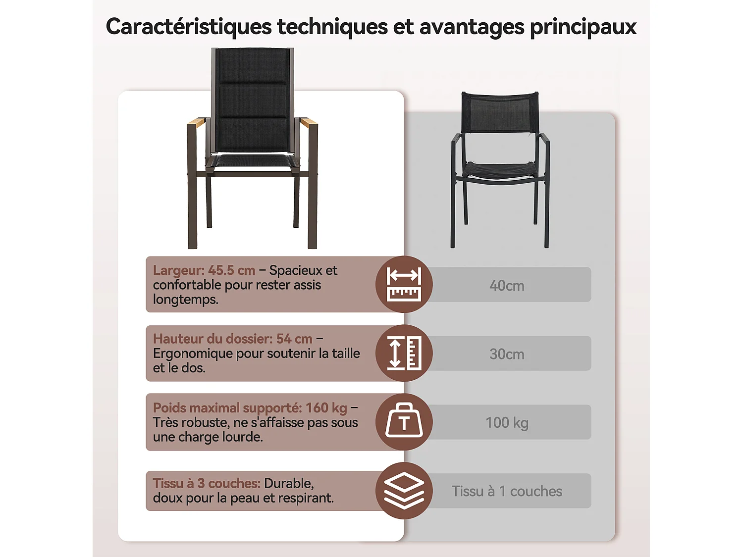Chaises de Jardin - Lot de 2 Empilables en Aluminium, Dossier Haut avec Accoudoirs Imitation Bois, Tissu Tessilium Confortable, Marron