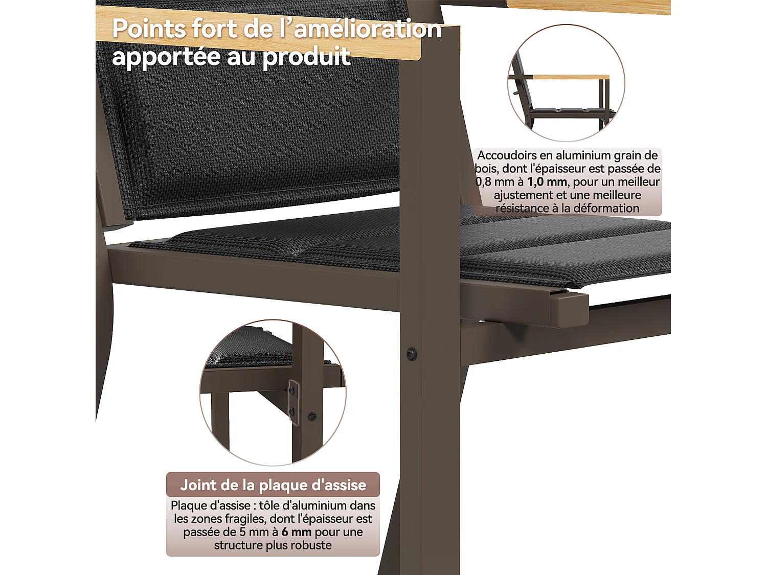 Chaises de Jardin - Lot de 2 Empilables en Aluminium, Dossier Haut avec Accoudoirs Imitation Bois, Tissu Tessilium Confortable, Marron