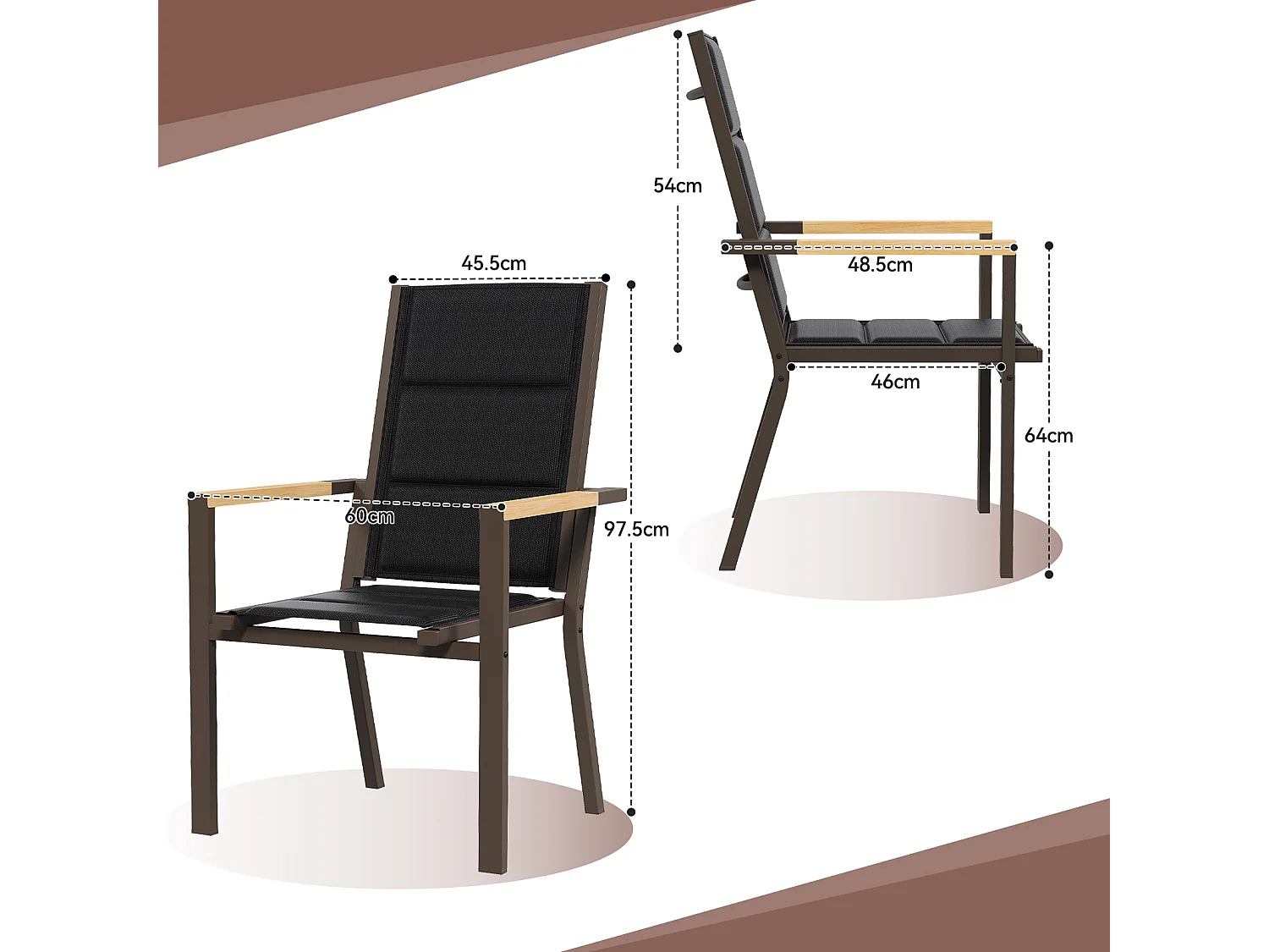 Chaises de Jardin - Lot de 2 Empilables en Aluminium, Dossier Haut avec Accoudoirs Imitation Bois, Tissu Tessilium Confortable, Marron