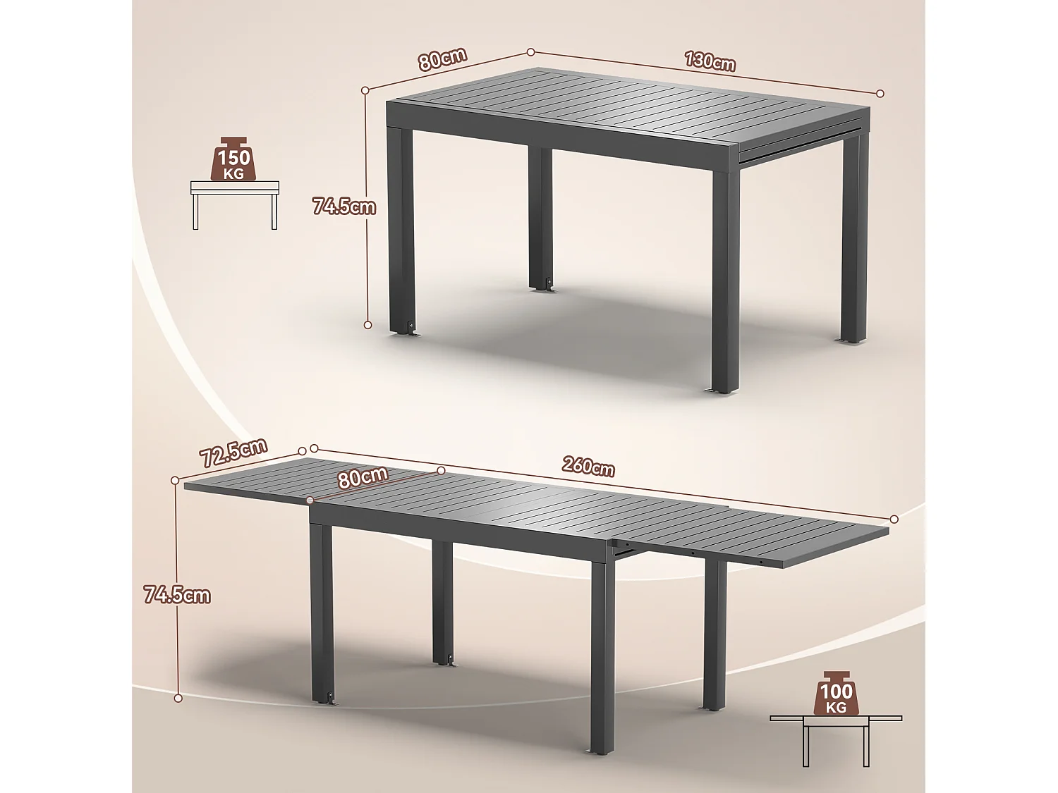 Table de Jardin Extensible en Aluminium | 200kg Fermé / 150kg Ouvert | 6-10 Personnes, Stable & Résistante, Gris foncé