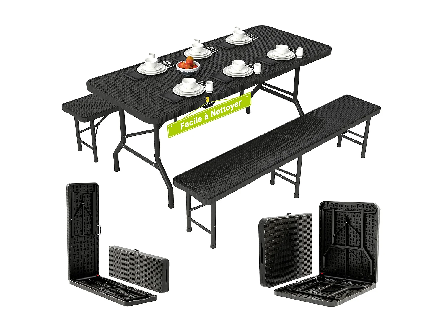 Table Pliante Extérieur en Simili-Rotin – Ensemble Pliant Portable avec 2 Chaises, Installation Rapide et Résistante– Jardin, Terrasse