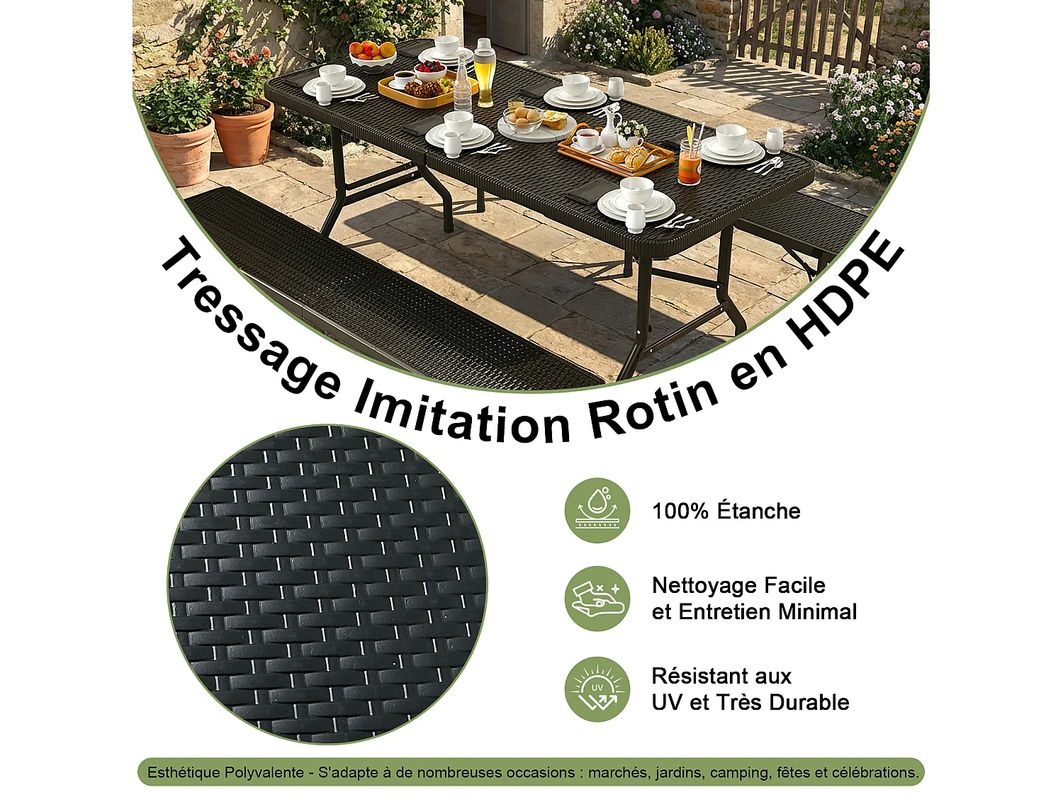 Table Pliante Extérieur en Simili-Rotin – Ensemble Pliant Portable avec 2 Chaises, Installation Rapide et Résistante– Jardin, Terrasse