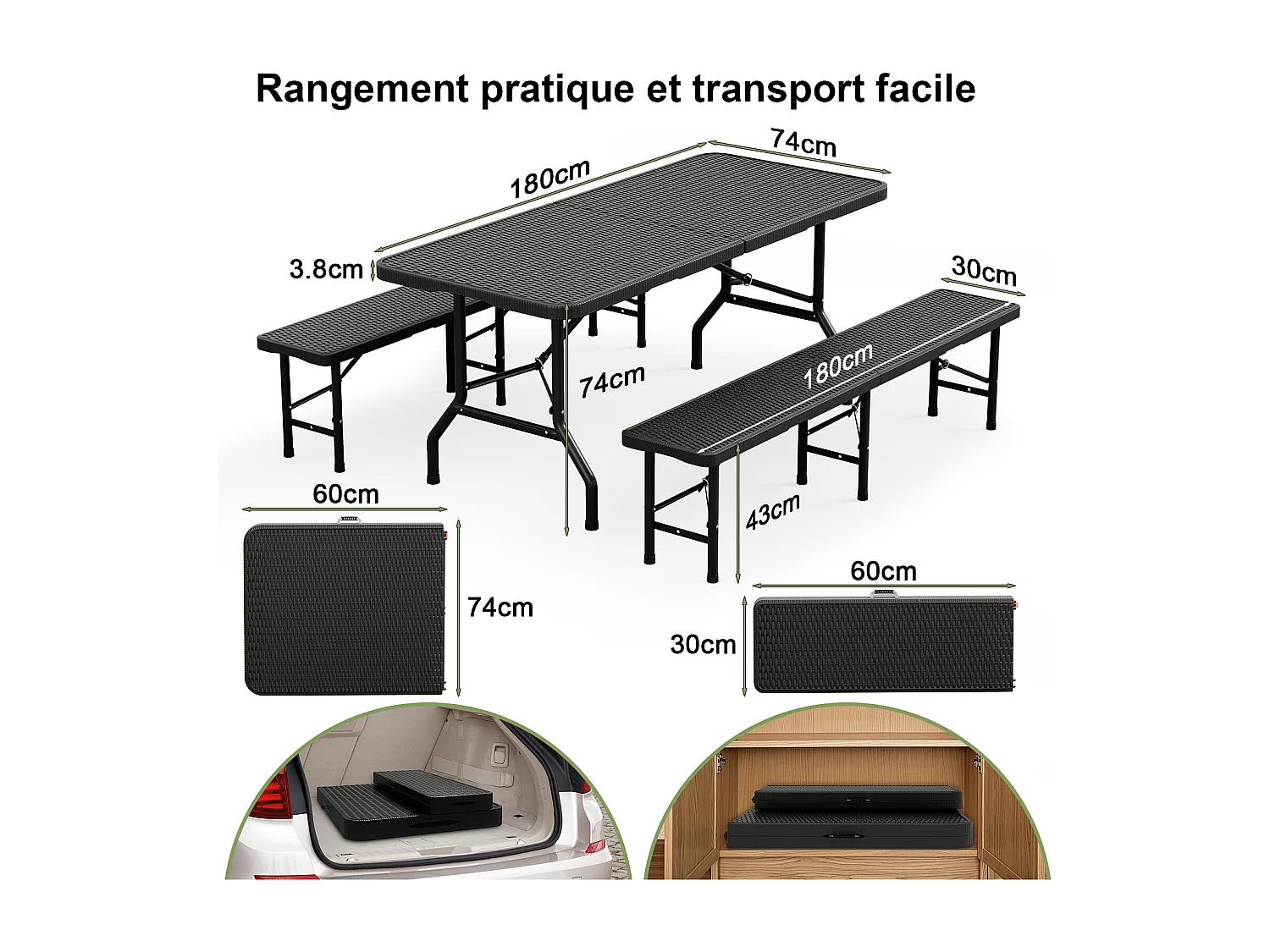 Table Pliante Extérieur en Simili-Rotin – Ensemble Pliant Portable avec 2 Chaises, Installation Rapide et Résistante– Jardin, Terrasse