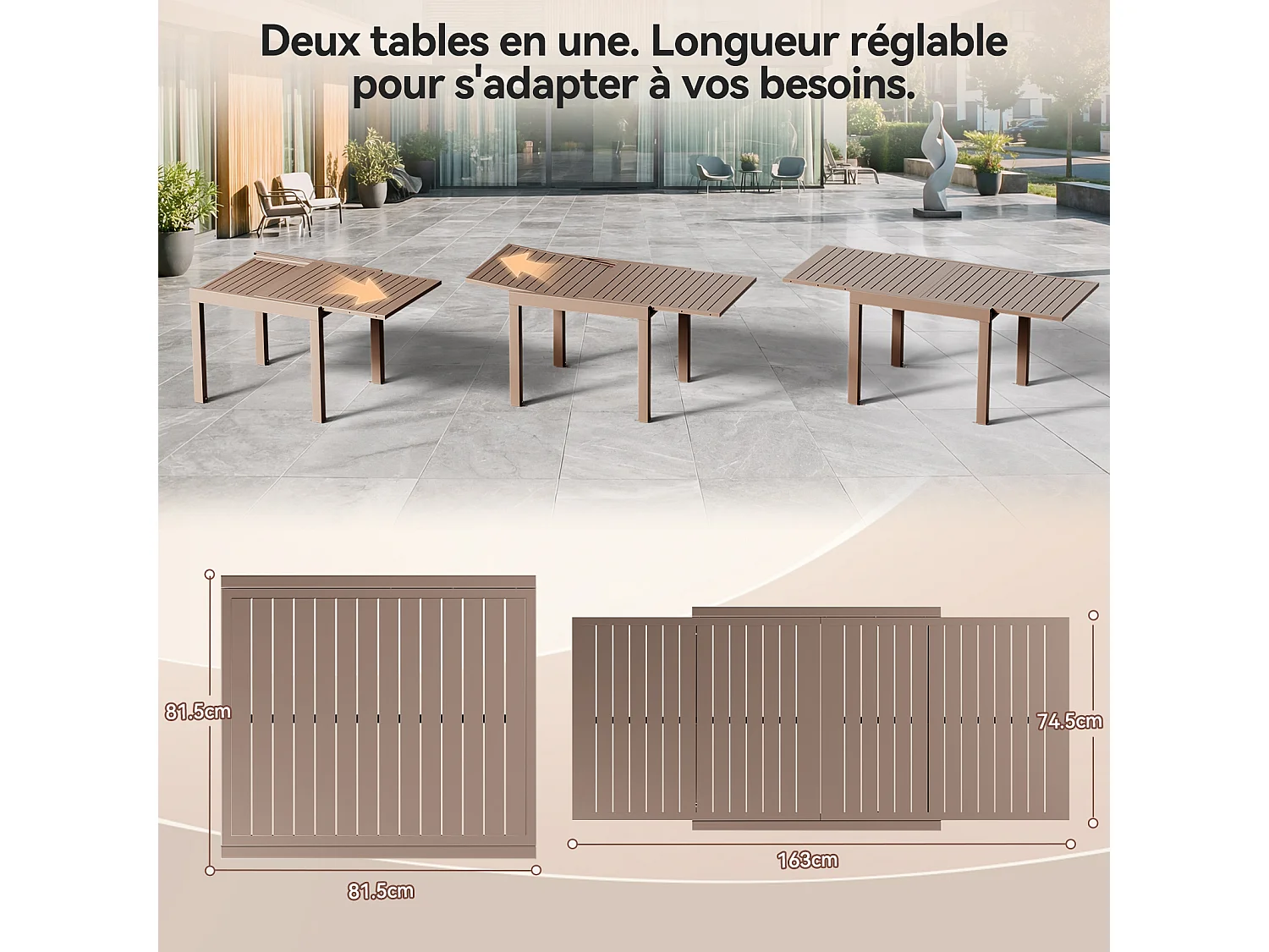 Table de Jardin Extensible en Aluminium | 200kg Fermé / 150kg Ouvert | 4-8 Personnes, Stable & Résistante, Marron