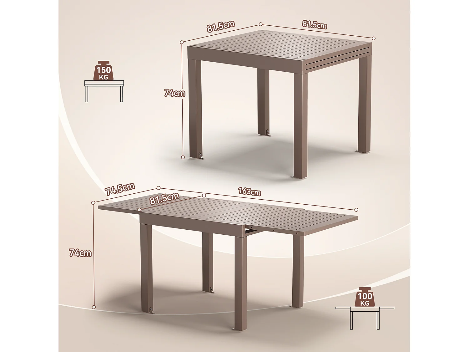 Table de Jardin Extensible en Aluminium | 200kg Fermé / 150kg Ouvert | 4-8 Personnes, Stable & Résistante, Marron