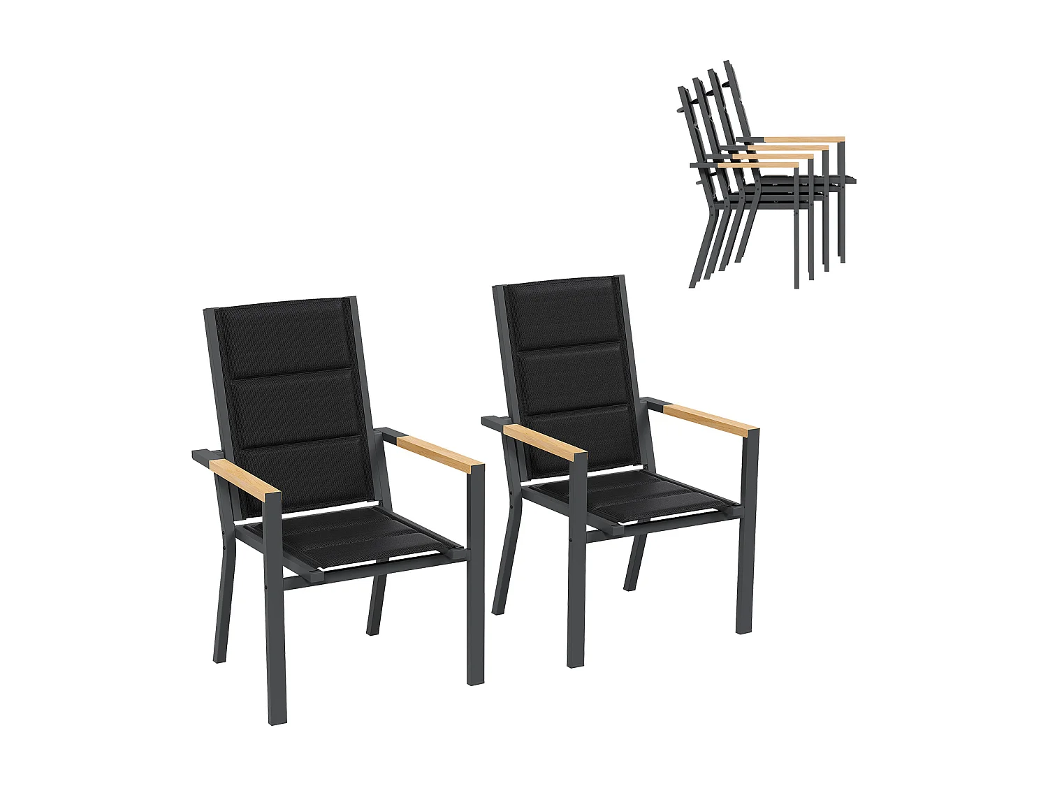Chaises de Jardin - Lot de 2 Empilables en Aluminium, Dossier Haut avec Accoudoirs Imitation Bois, Tissu Tessilium Confortable, Gris foncé