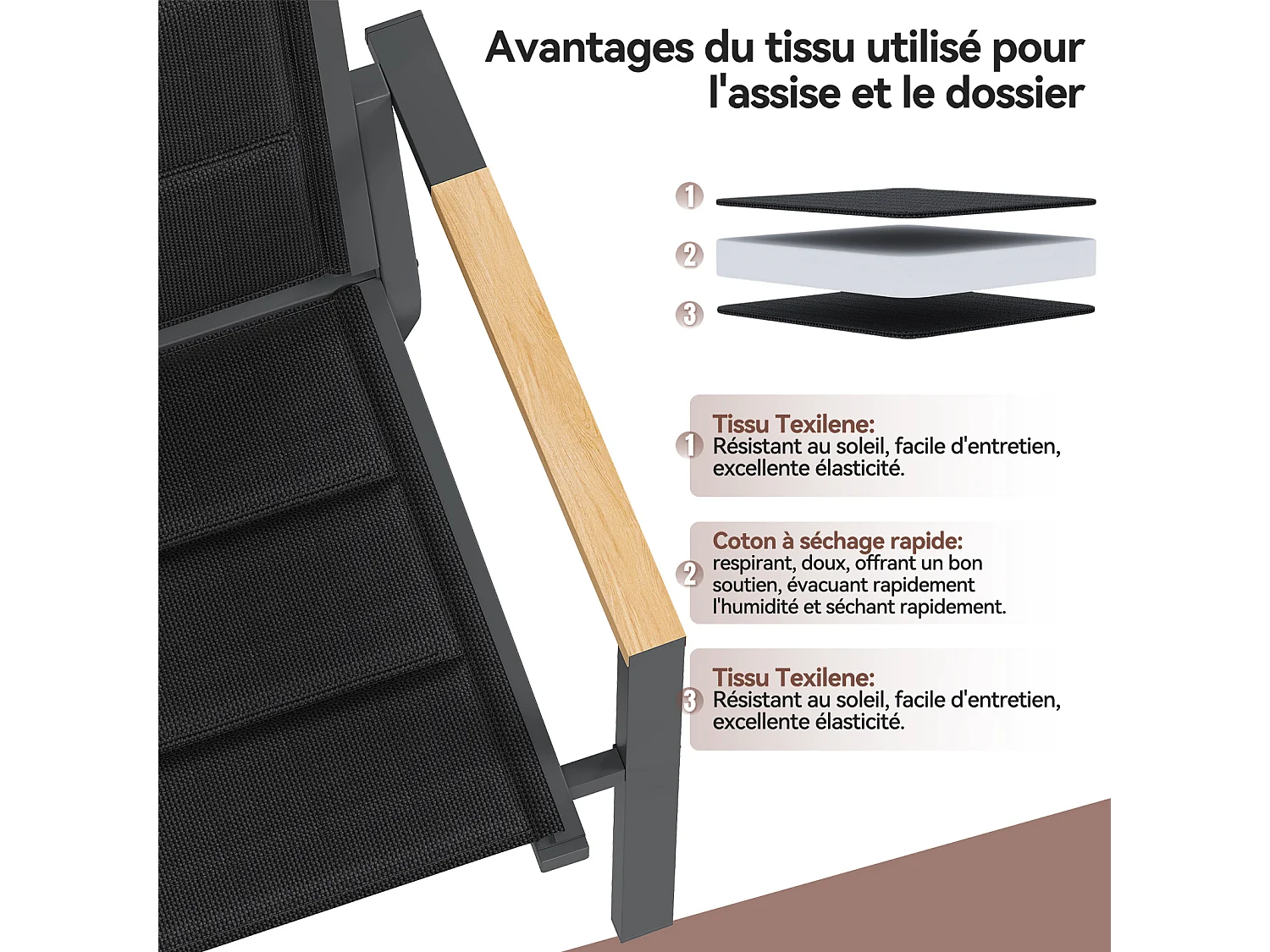 Chaises de Jardin - Lot de 2 Empilables en Aluminium, Dossier Haut avec Accoudoirs Imitation Bois, Tissu Tessilium Confortable, Gris foncé