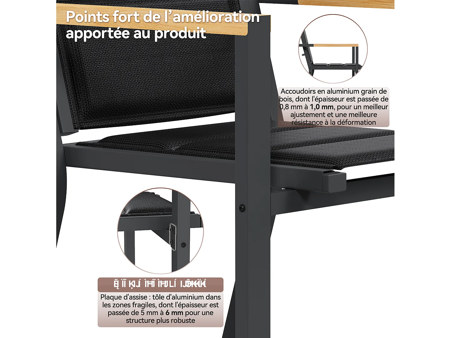 Chaises de Jardin - Lot de 2 Empilables en Aluminium, Dossier Haut avec Accoudoirs Imitation Bois, Tissu Tessilium Confortable, Gris foncé