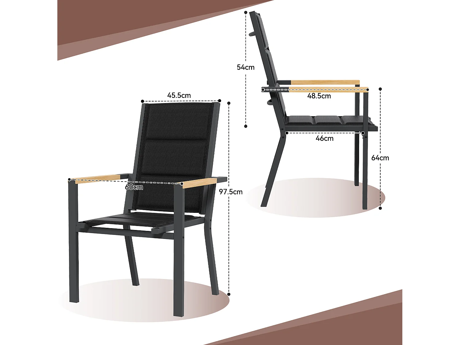 Chaises de Jardin - Lot de 2 Empilables en Aluminium, Dossier Haut avec Accoudoirs Imitation Bois, Tissu Tessilium Confortable, Gris foncé