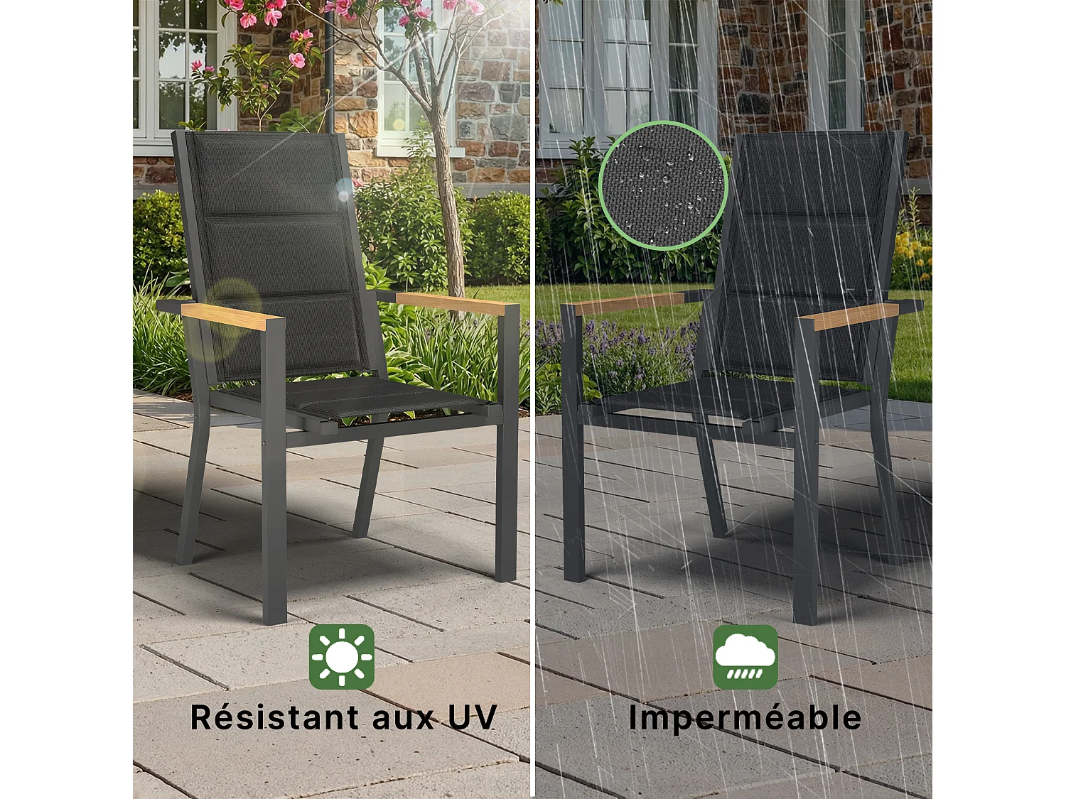 Lot de 2 chaises de jardin empilables en aluminium alliage aspect bois surélevées et élargies - gris foncé,Marque DEVOKE