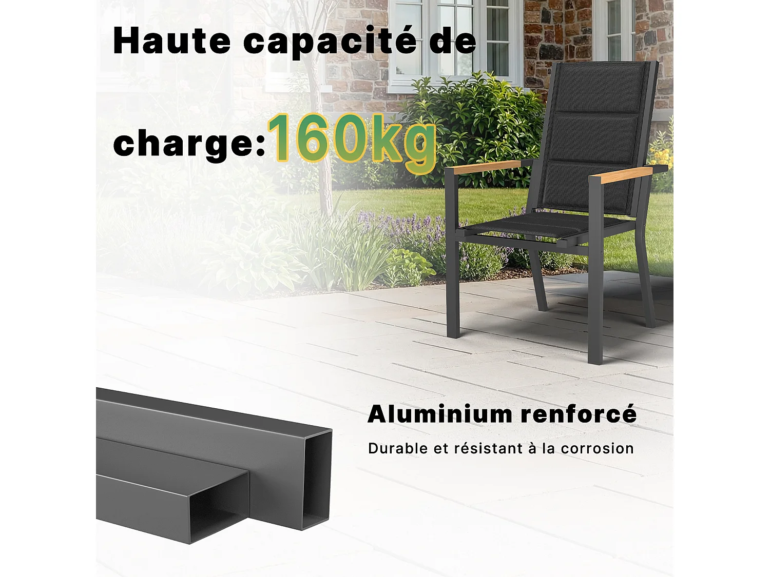 Lot de 2 chaises de jardin empilables en aluminium alliage aspect bois surélevées et élargies - gris foncé,Marque DEVOKE