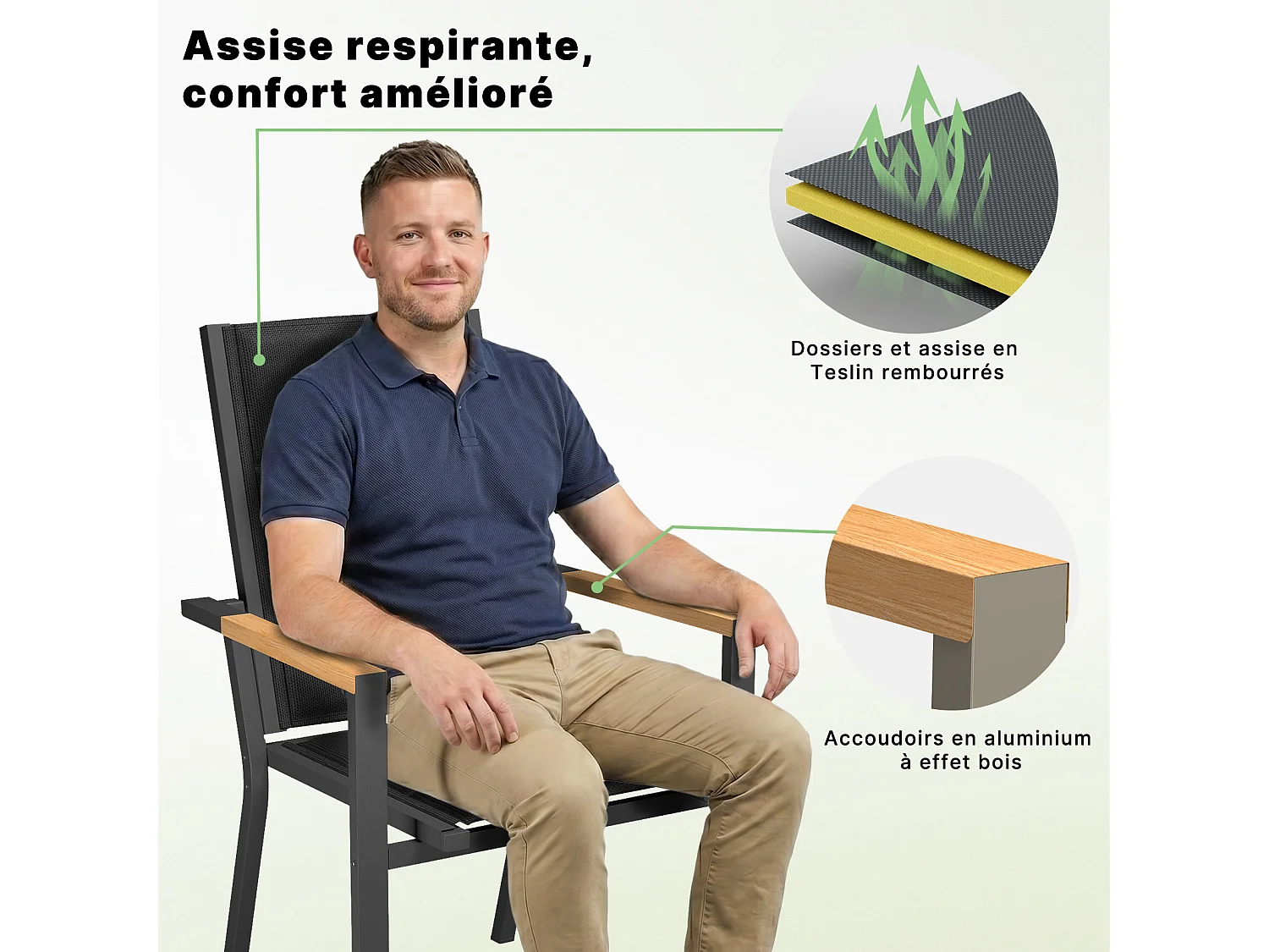 Lot de 2 chaises de jardin empilables en aluminium alliage aspect bois surélevées et élargies - gris foncé,Marque DEVOKE