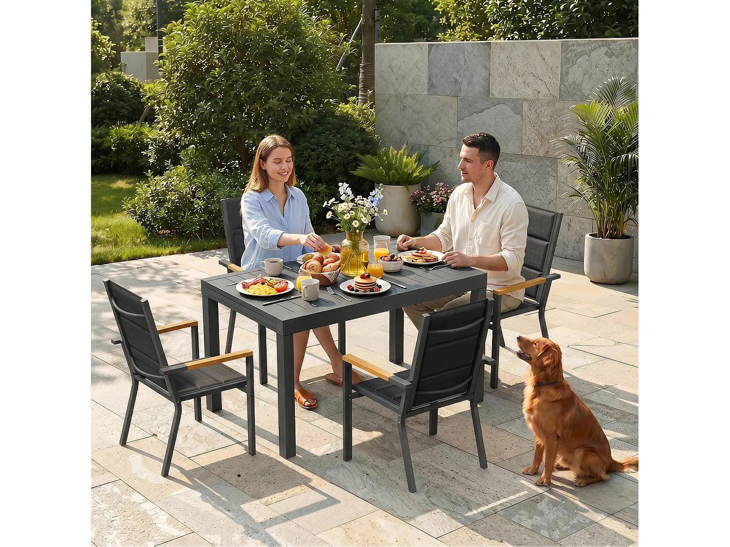 Lot de 2 chaises de jardin empilables en aluminium alliage aspect bois surélevées et élargies - gris foncé,Marque DEVOKE