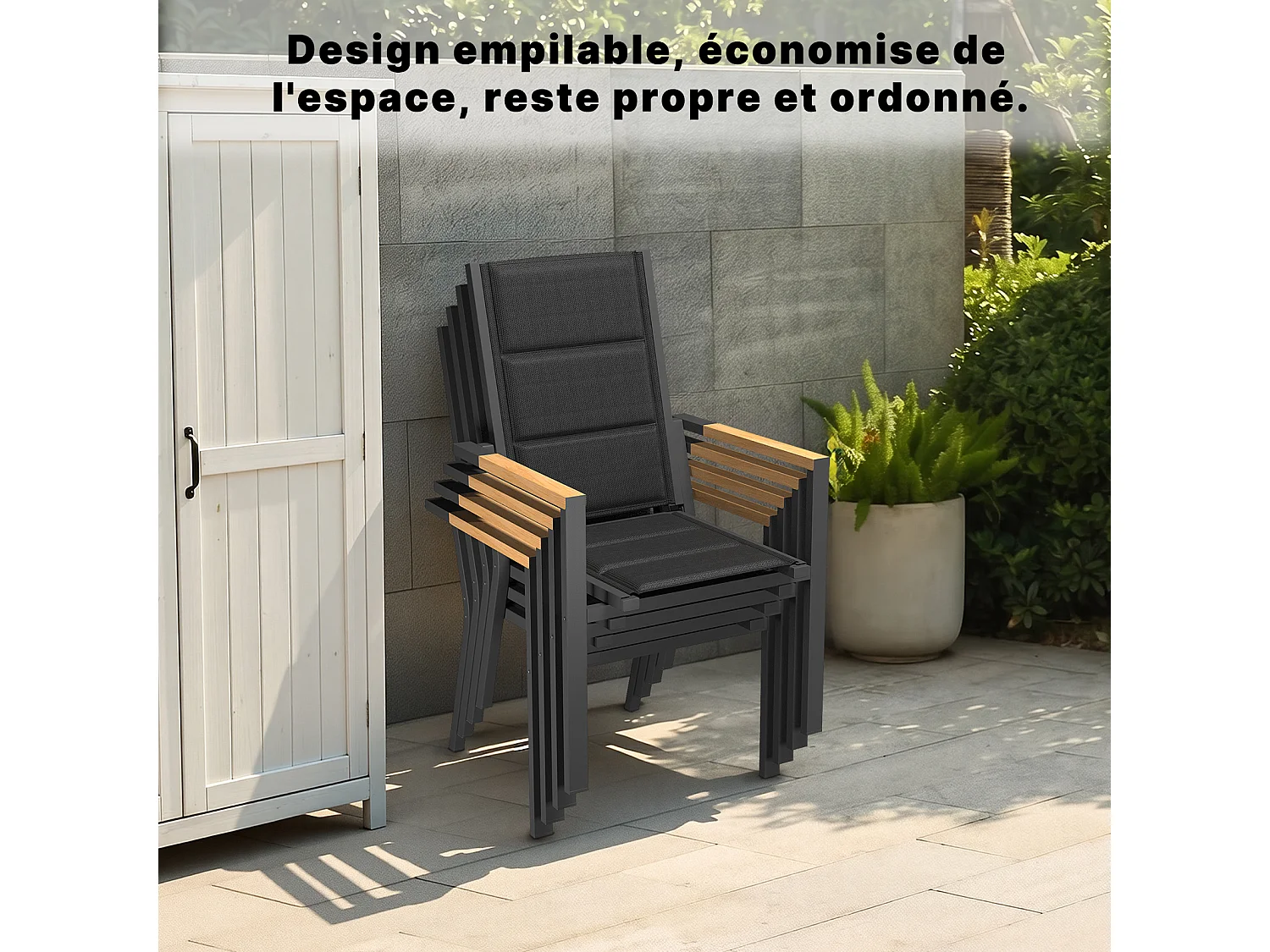 Lot de 2 chaises de jardin empilables en aluminium alliage aspect bois surélevées et élargies - gris foncé,Marque DEVOKE