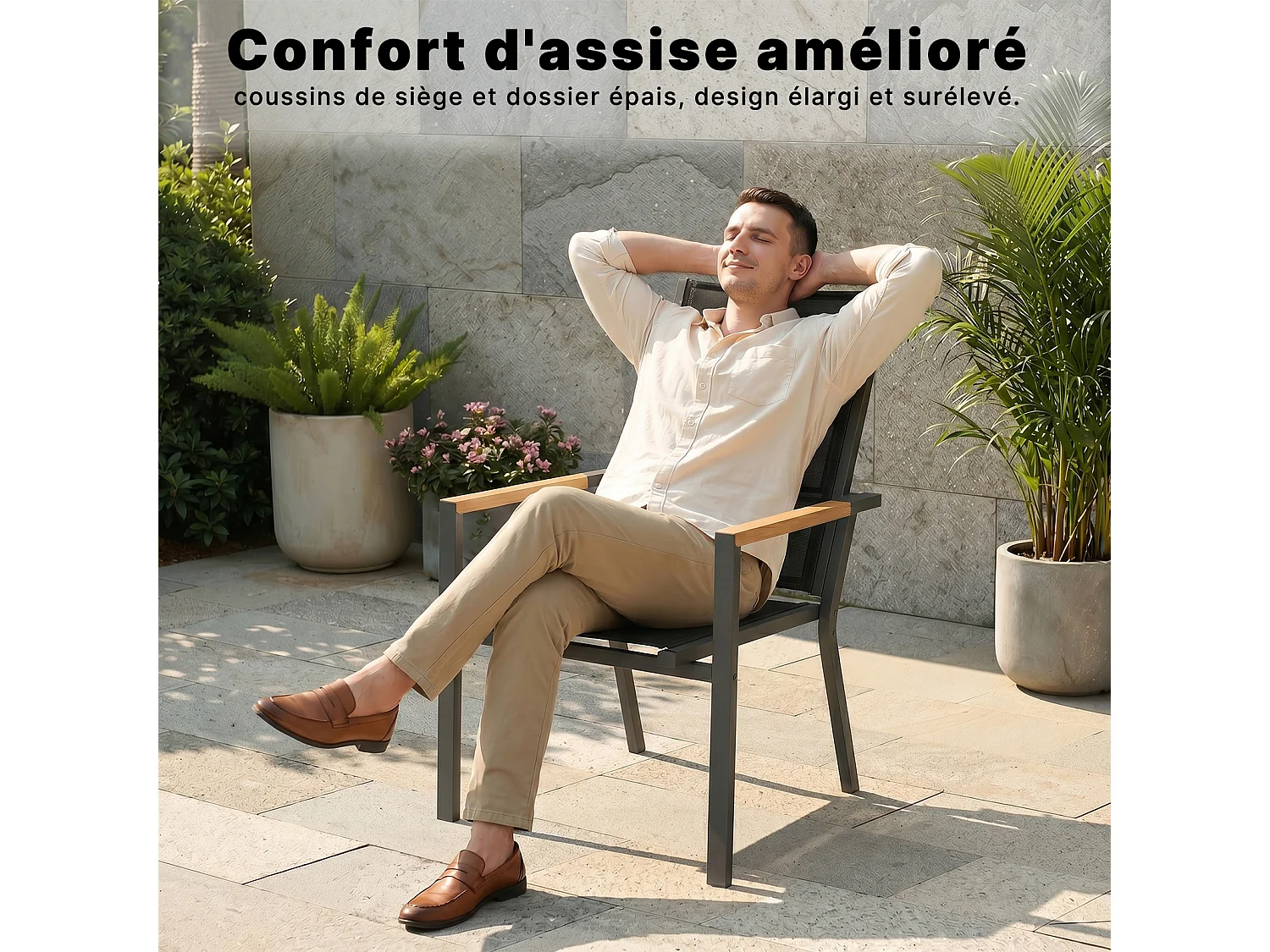 Lot de 2 chaises de jardin empilables en aluminium alliage aspect bois surélevées et élargies - gris foncé,Marque DEVOKE