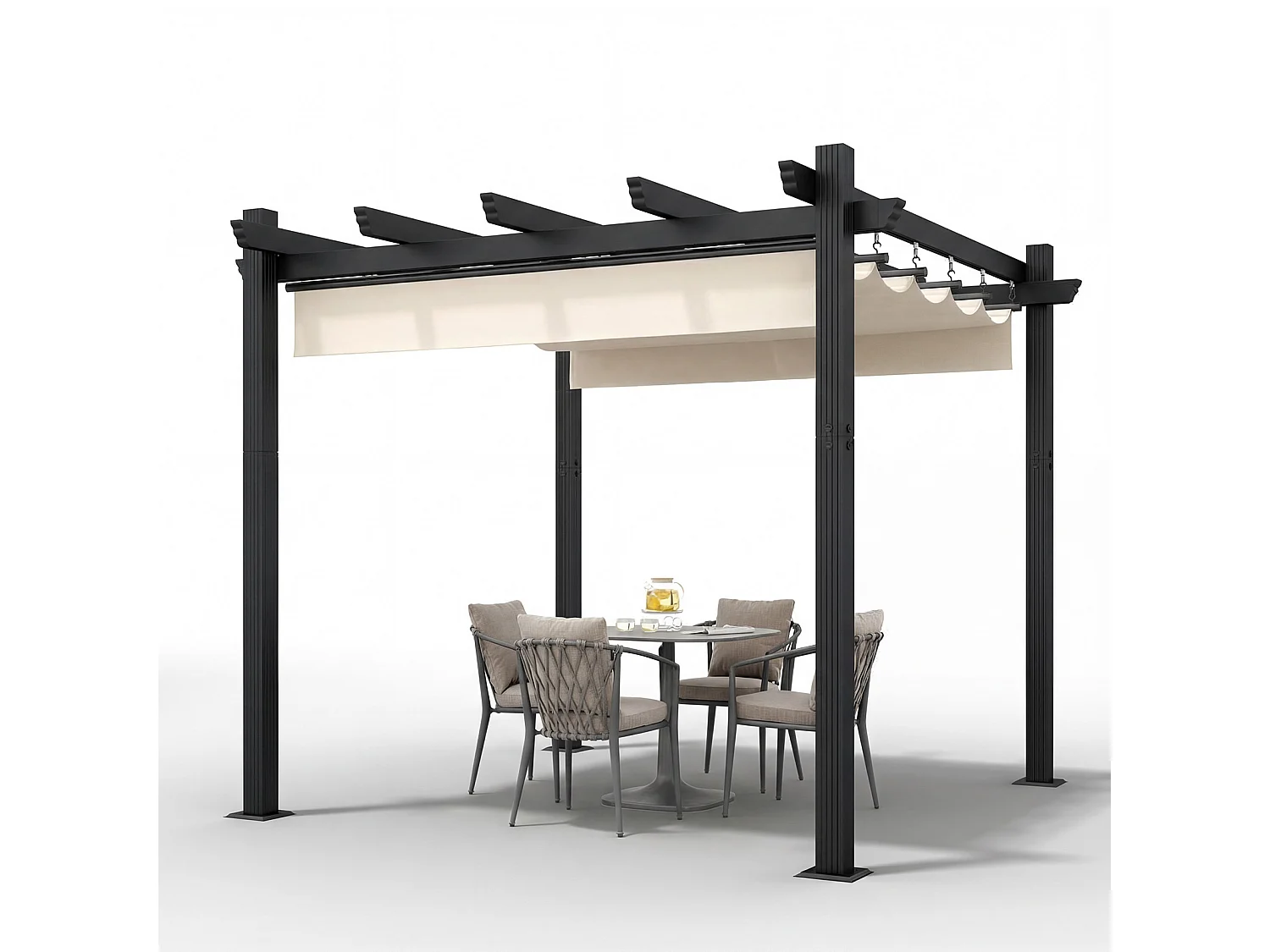 Pergola Jardin 3x3m avec Toit Ouvrant Réglable à Fermeture Magnétique | Structure Aluminium Stable avec Fixations Vis d'Expansion + Tiges de Sol, Beige