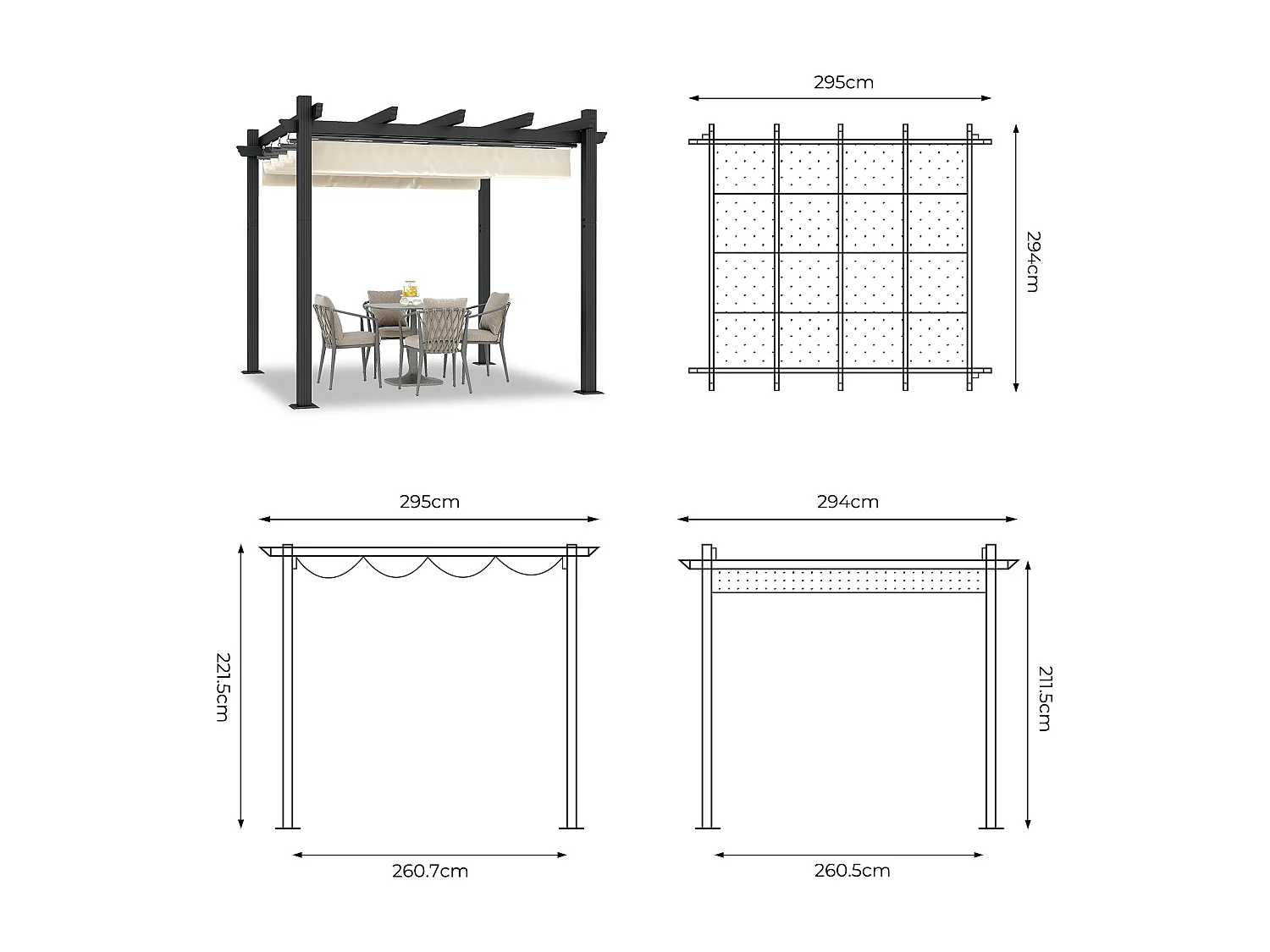 Pergola Jardin 3x3m avec Toit Ouvrant Réglable à Fermeture Magnétique | Structure Aluminium Stable avec Fixations Vis d'Expansion + Tiges de Sol, Beige