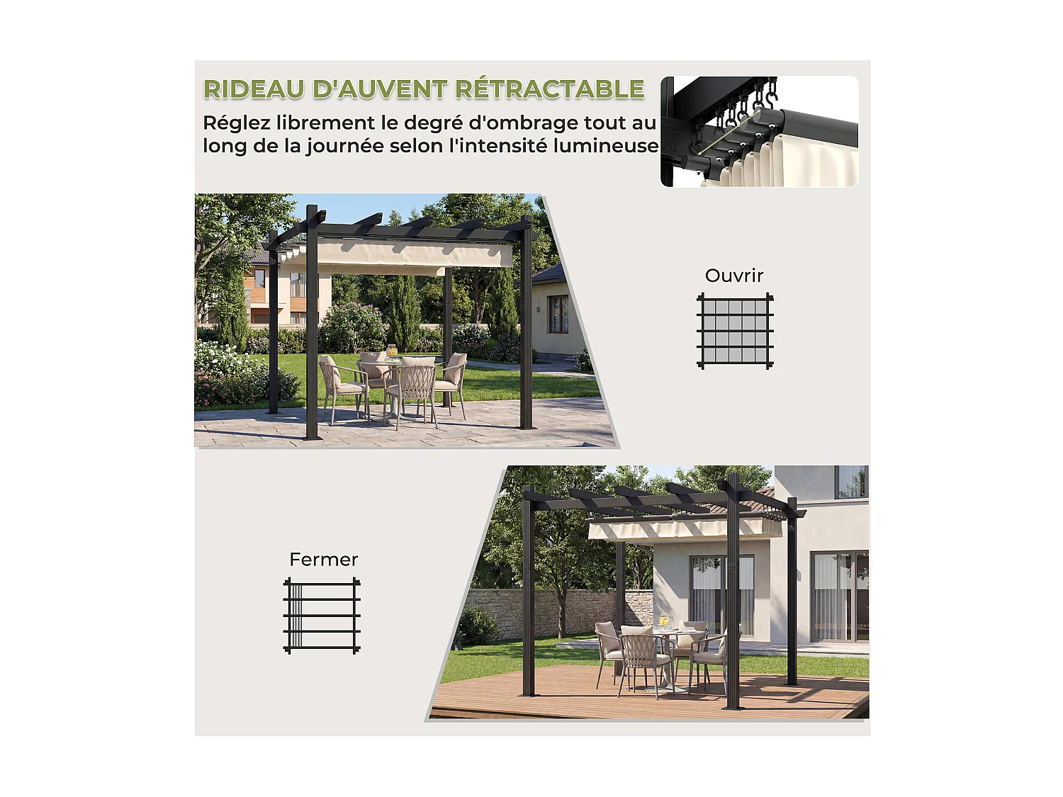 DEVOKE Pergola Jardin 3x3m avec Toit Ouvrant Réglable à Fermeture Magnétique | Structure Aluminium Stable avec Fixations Vis d'Expansion + Tiges de Sol, Beige