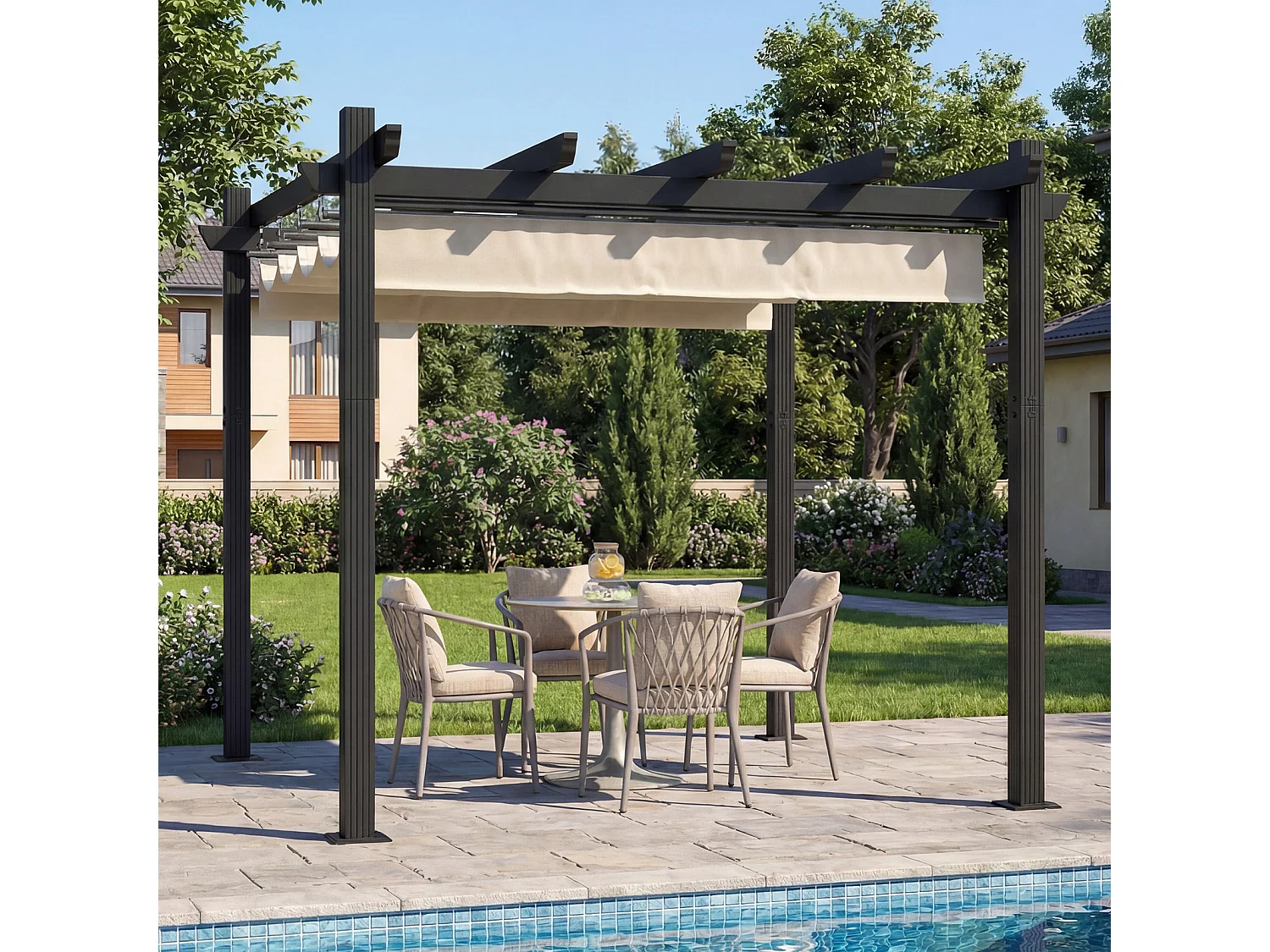 DEVOKE Pergola Jardin 3x3m avec Toit Ouvrant Réglable à Fermeture Magnétique | Structure Aluminium Stable avec Fixations Vis d'Expansion + Tiges de Sol, Beige